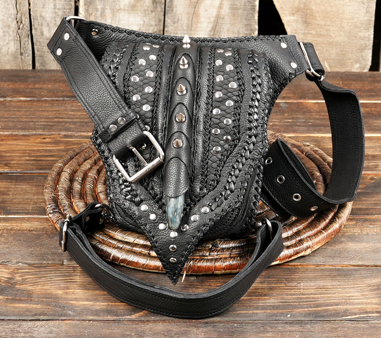 Black gothic streetwear leg bag styled on mannequin