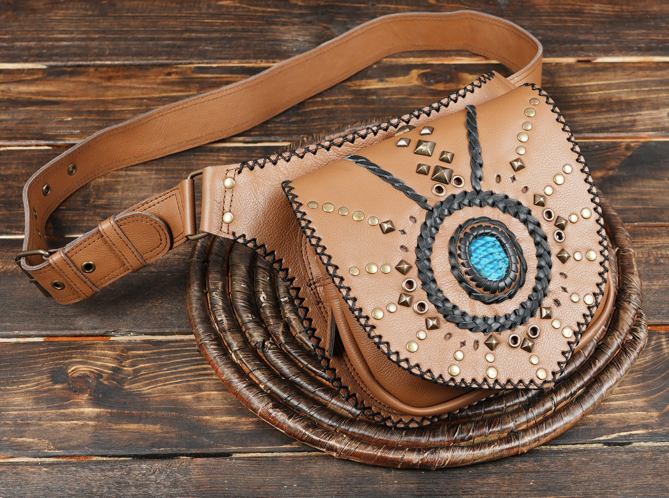 Handmade Leather Belt Bag: Gemstone Fanny Pack, Boho Festival Style