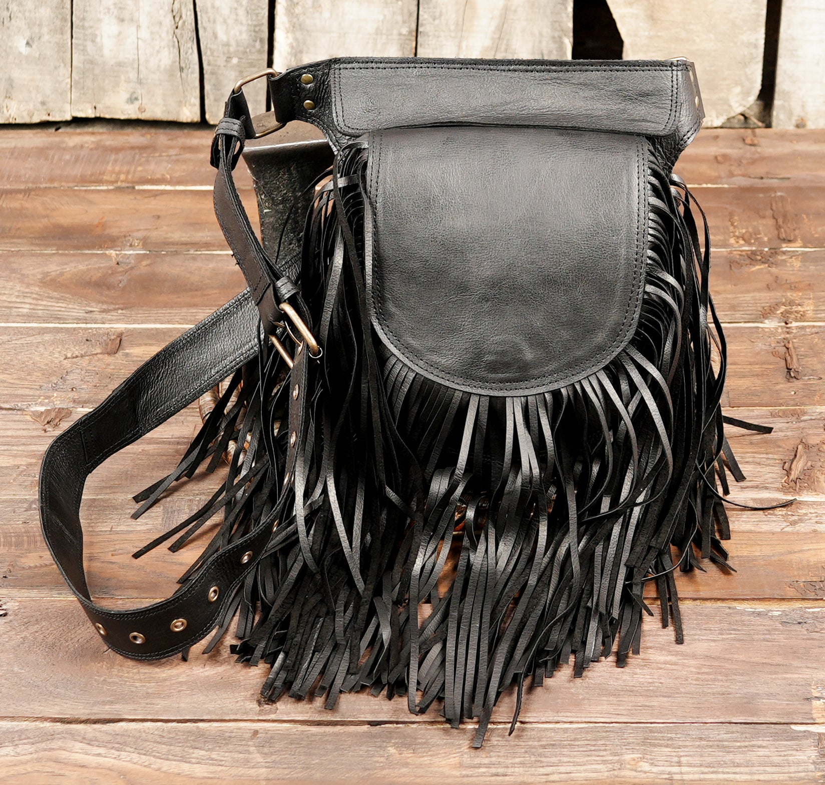 western style black leather fringe hip bag