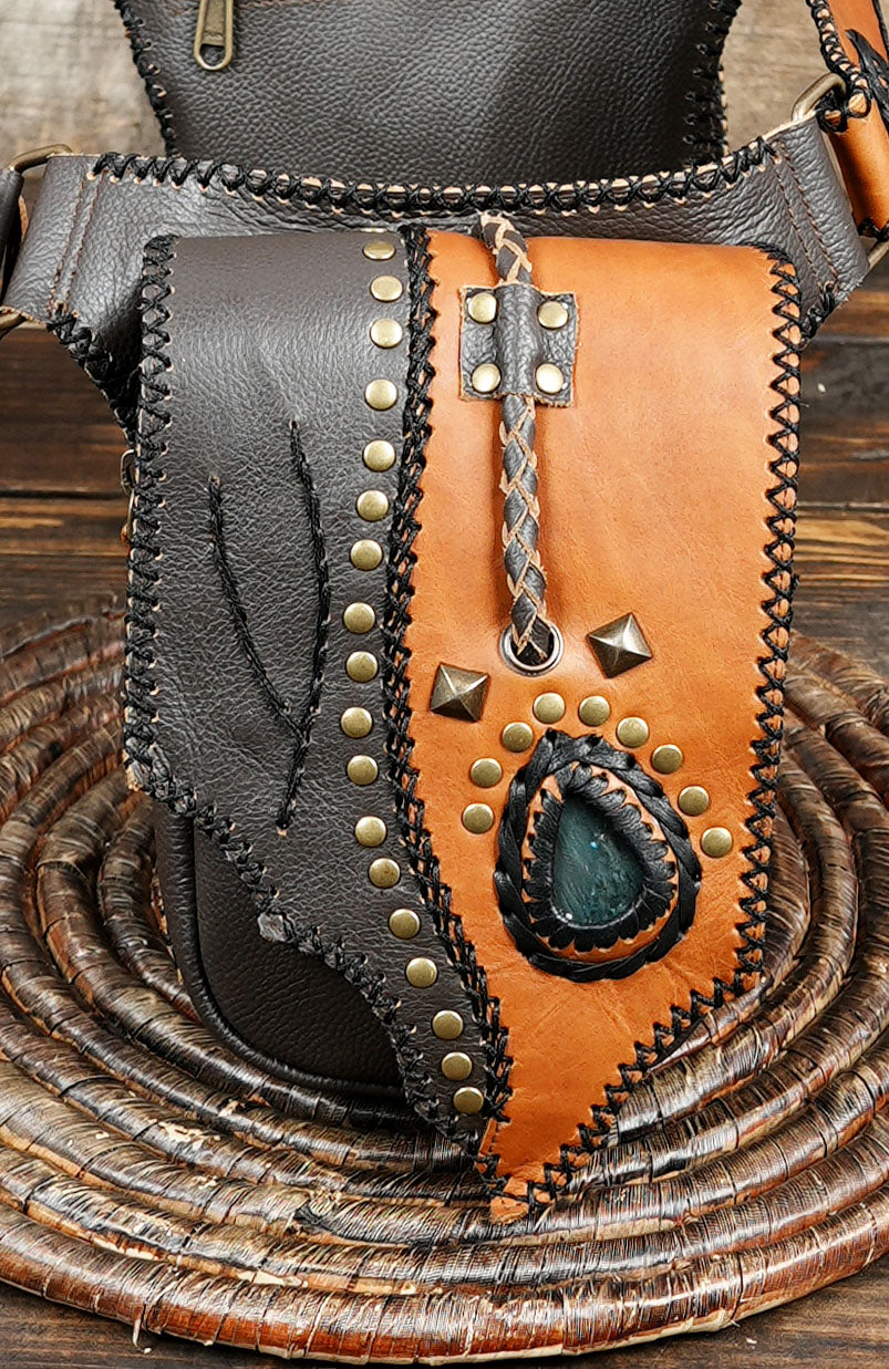 Boho western leather utility belt with gemstone accent
