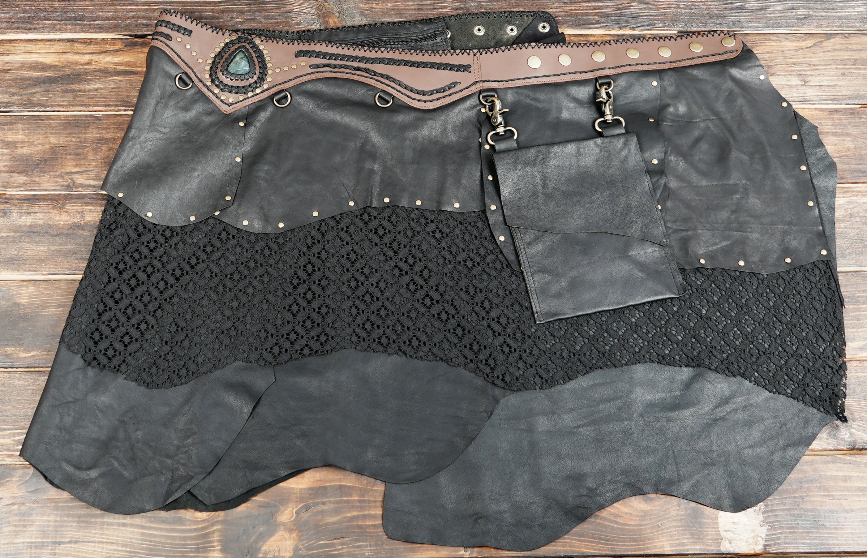 Handmade bohemian skirt crafted from genuine leather and crochet lace for a unique artisan look
