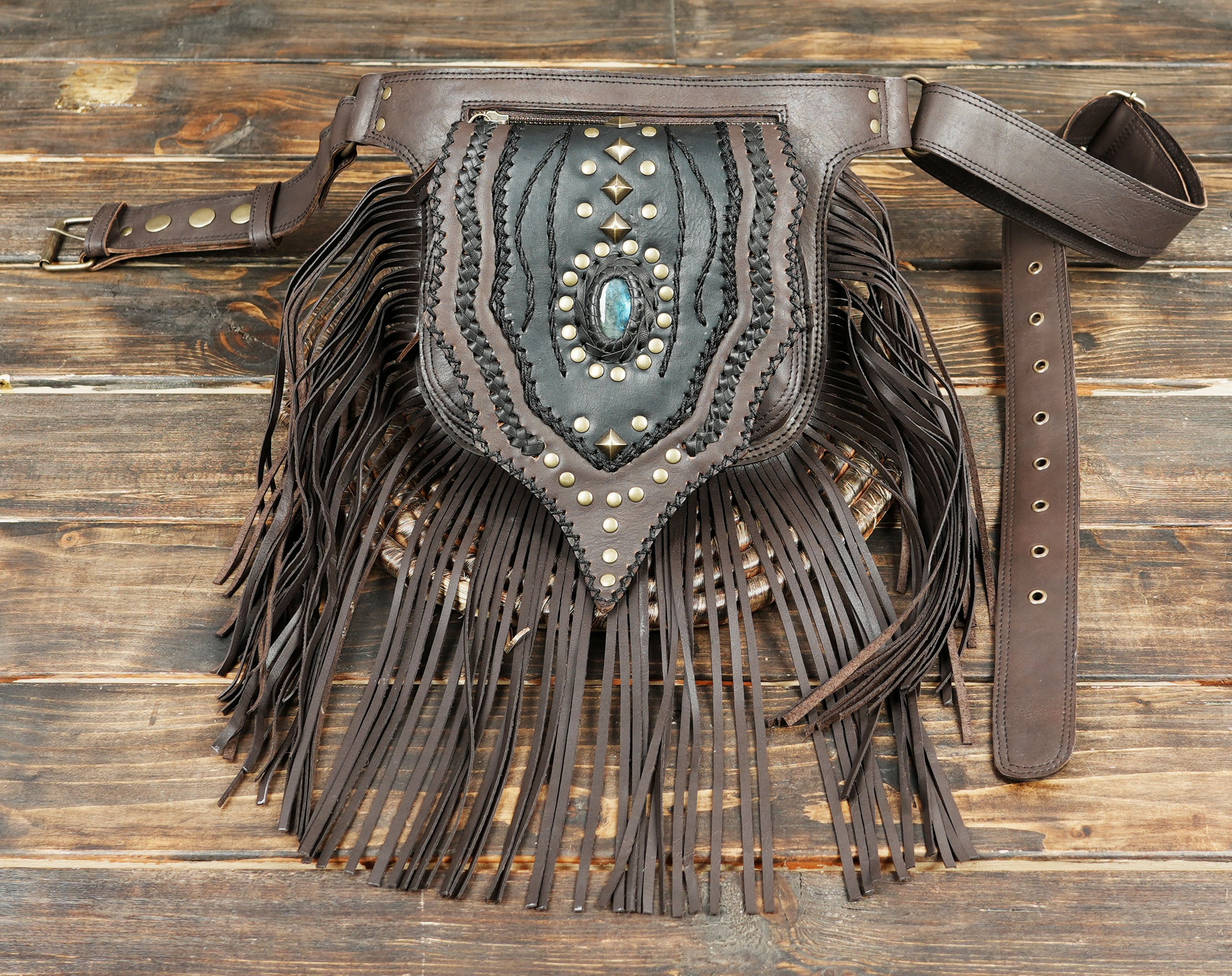 Cosplay leather belt pouch with gemstone centerpiece