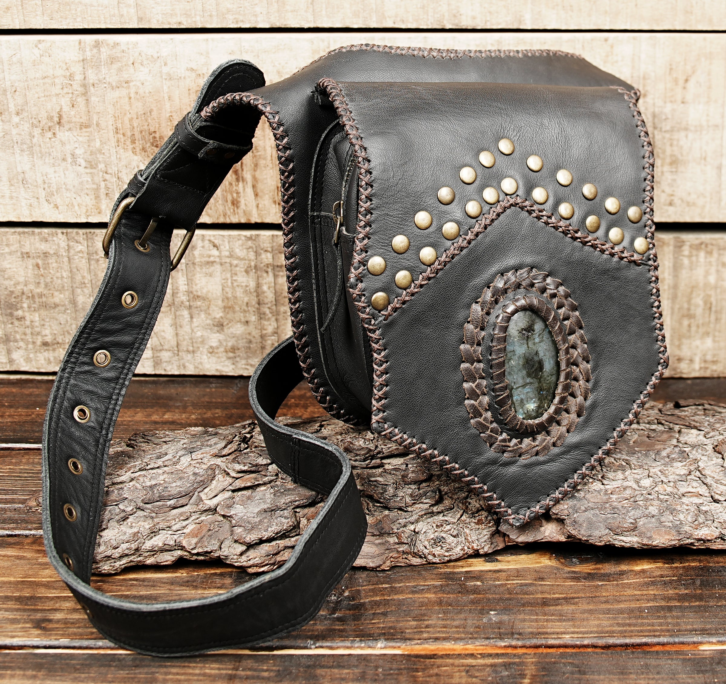 Artisan black leather belt bag with real gemstone centerpiece