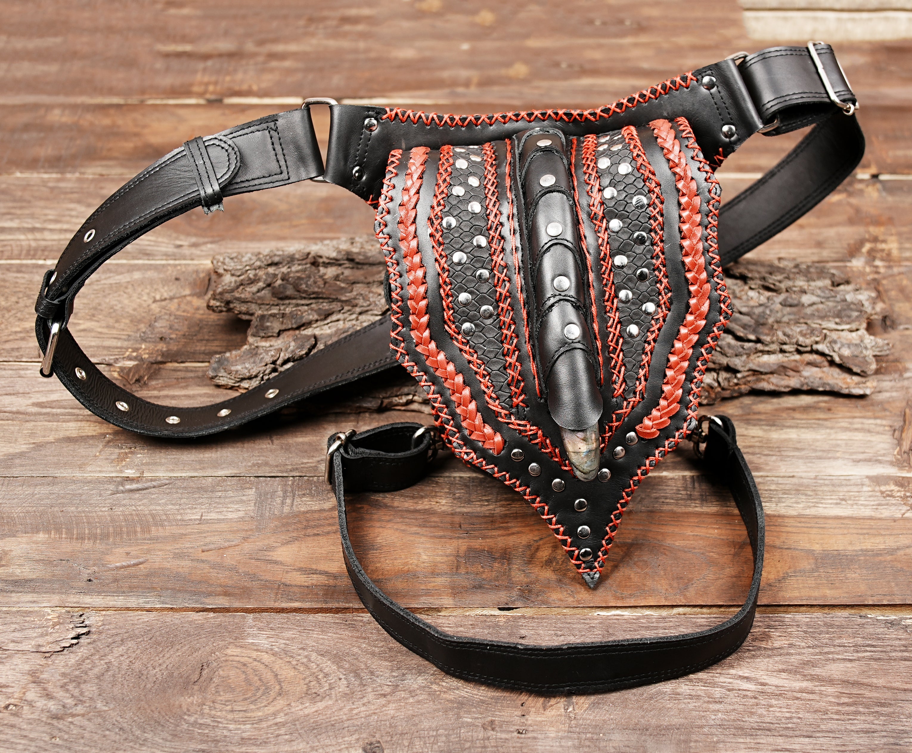 Buy Leather Dwarf Pouch, Embossed  Belt Bag for Steampunk, Cosplay, Fantasy with red color combination and with steel