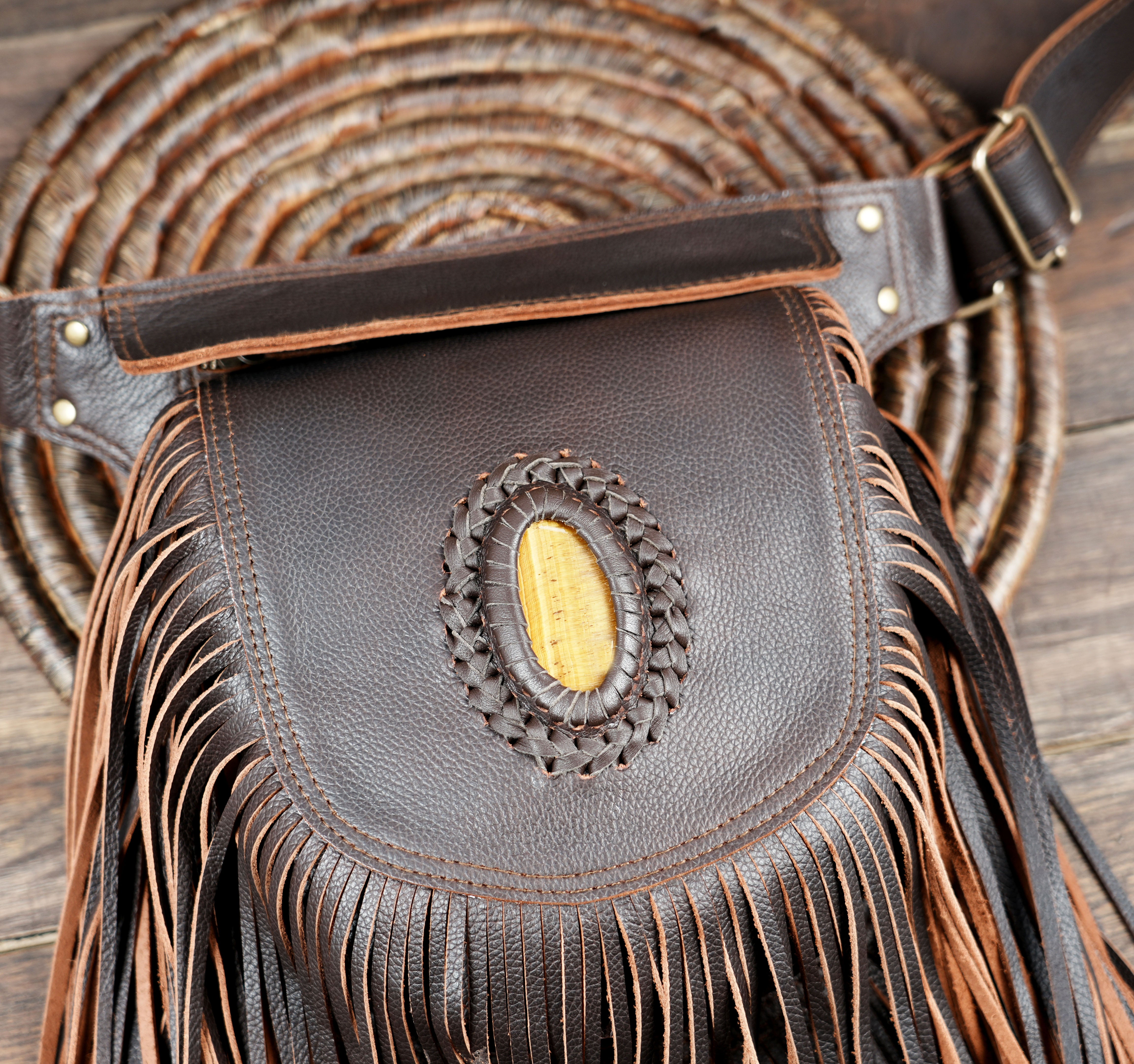 Artisan leather waist belt with gemstone accent USA