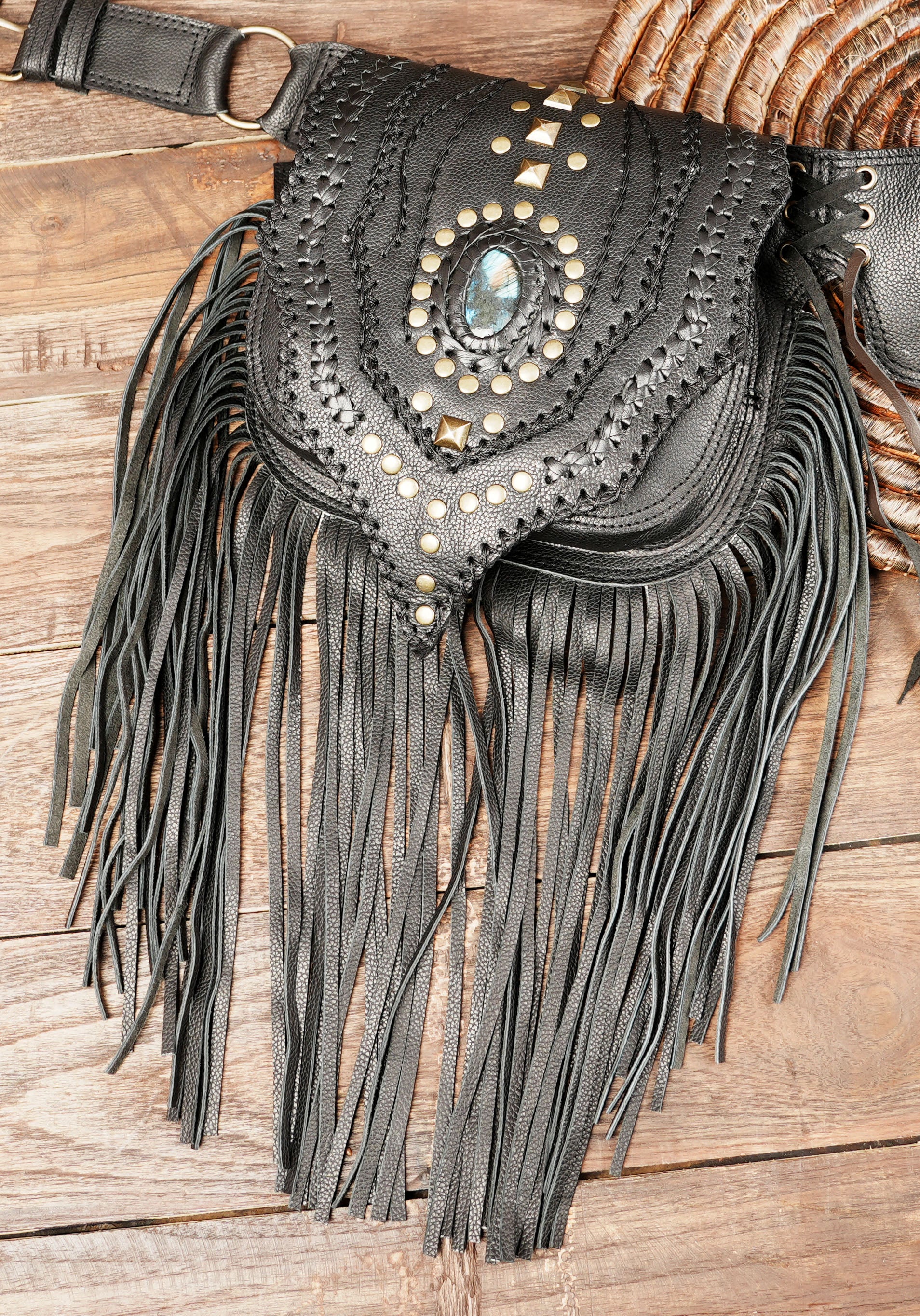 Handmade Black Leather Fringe Belt Bag: Festival Hip Pouch