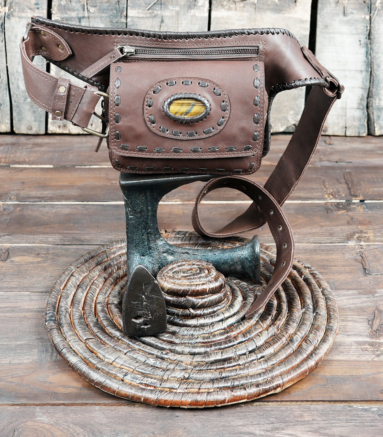 Buy Handmade Brown Leather Waist Bag With Gemstone || Belt Pouch, Hip Bag With Adjustable Belt , biker belt 