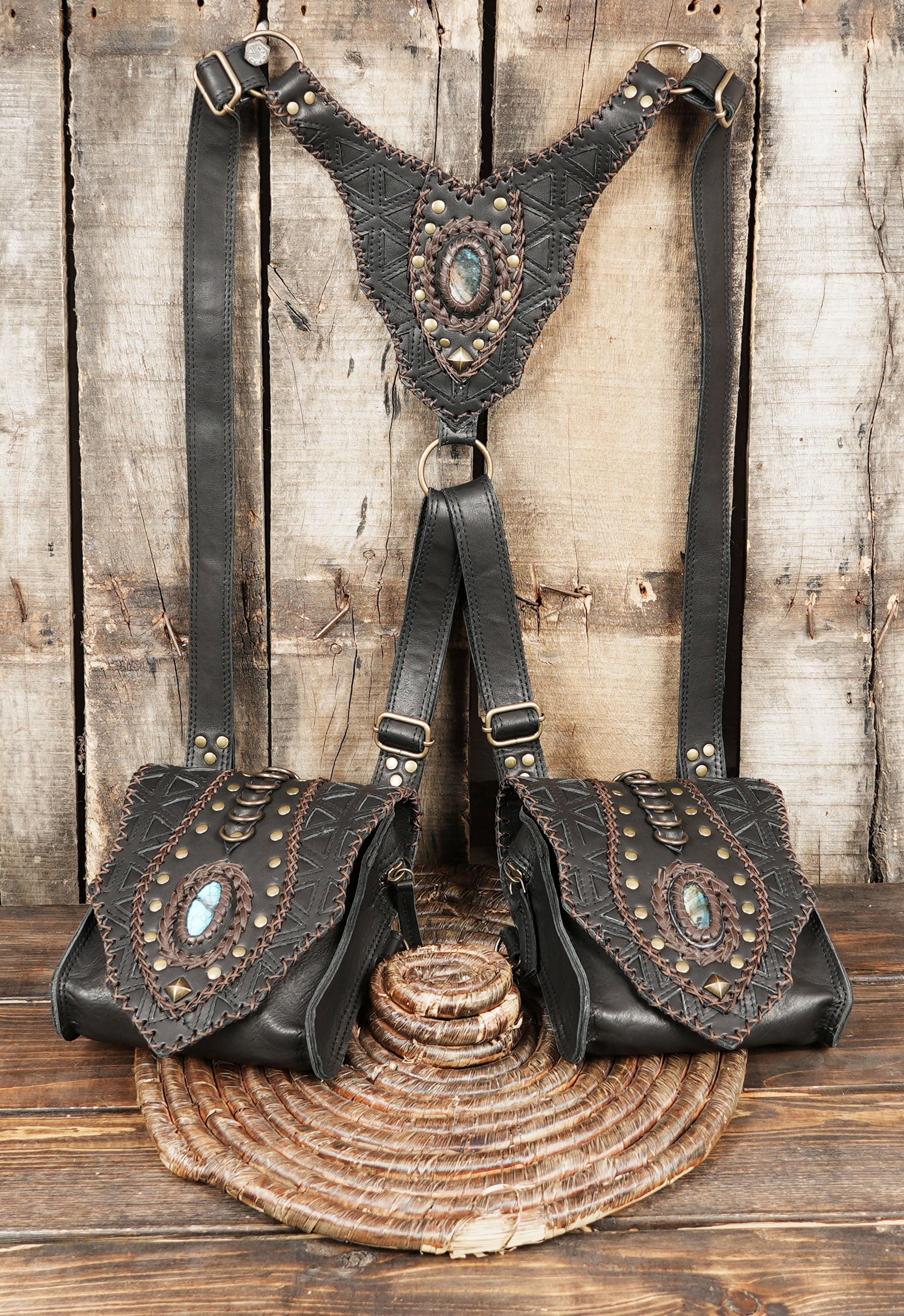 Black Leather Holster Harness With Labradorite Gemstone || Geometric Pattern Leather Holster Bag Set || Festival Black Leather Holster (LT/AB/HLS/6010)