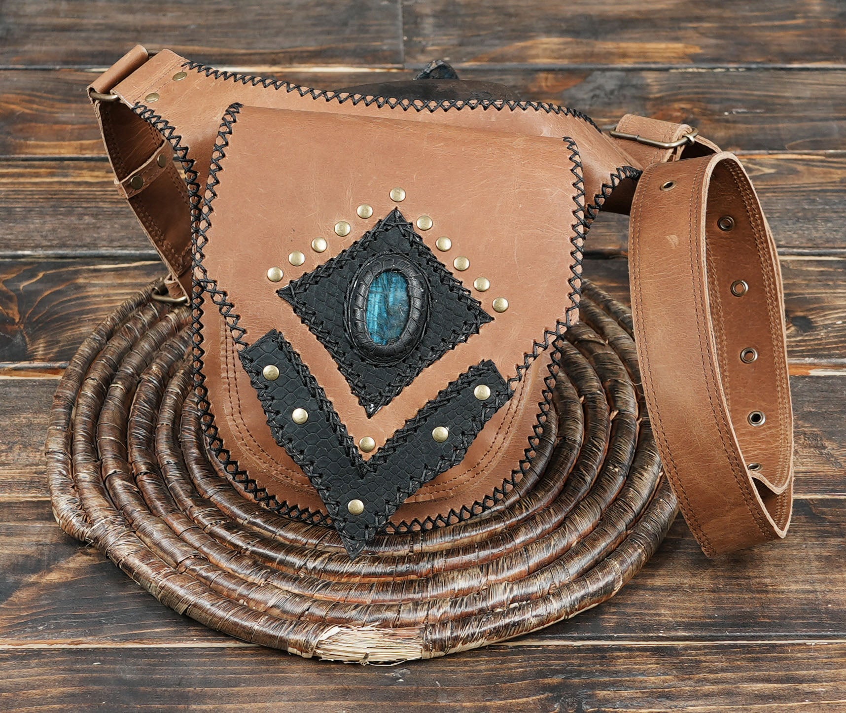 Steampunk inspired gemstone waist pouch with rustic look