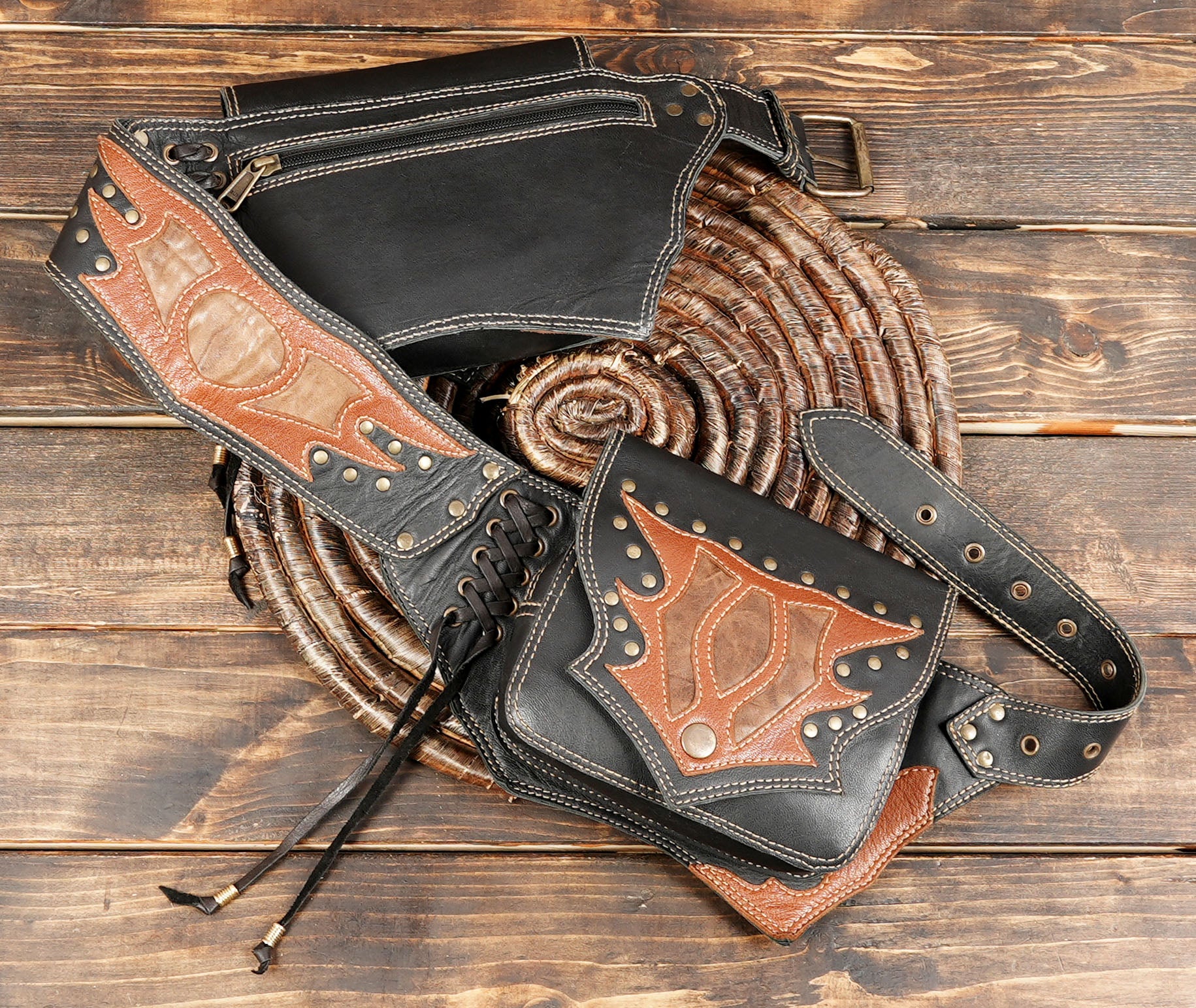 Leather utility belt, unisex pocket belt, brown leather festival belt, handmade multi-pocket bag