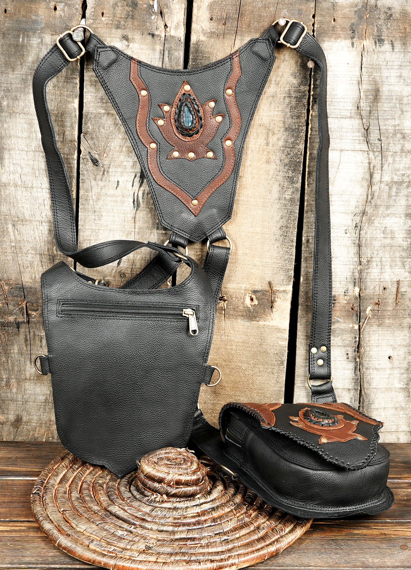 Leather Holster Bag - Brown Leather Shoulder Bag - Leather Festival Bag - Holster Leather Harness Bag with  back side zipper 