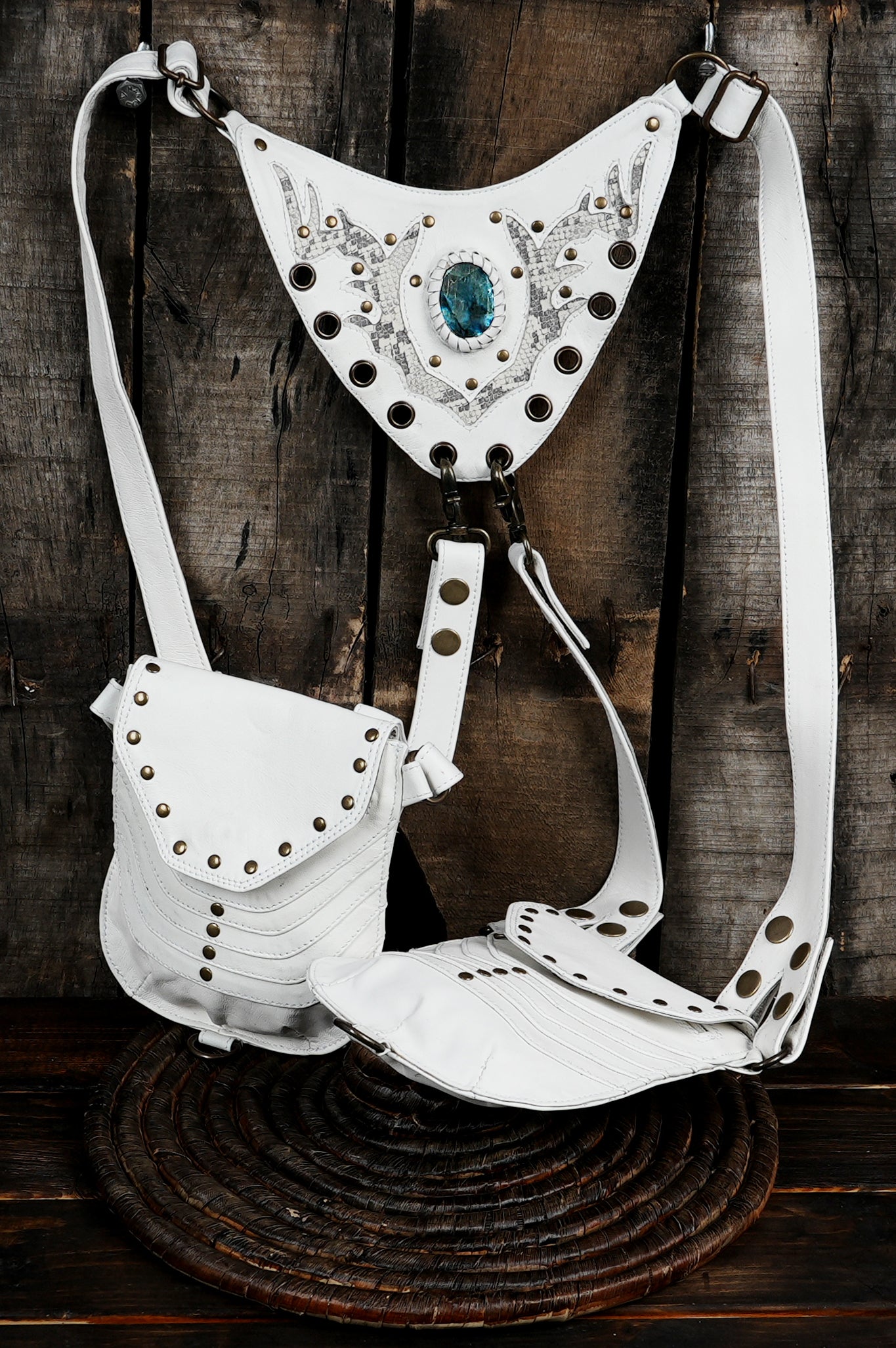 Leather Holster with Labradorite Gemstone, Antique Brass Accents, and Multiple Pockets For Unisex.