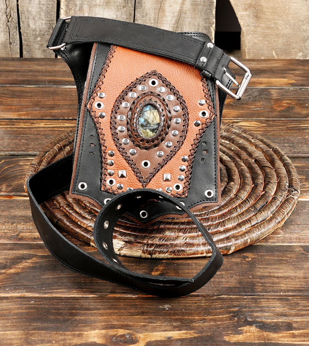 Adjustable Leather Waist Belt with Rivets – Festival & Renaissance Hip Bag