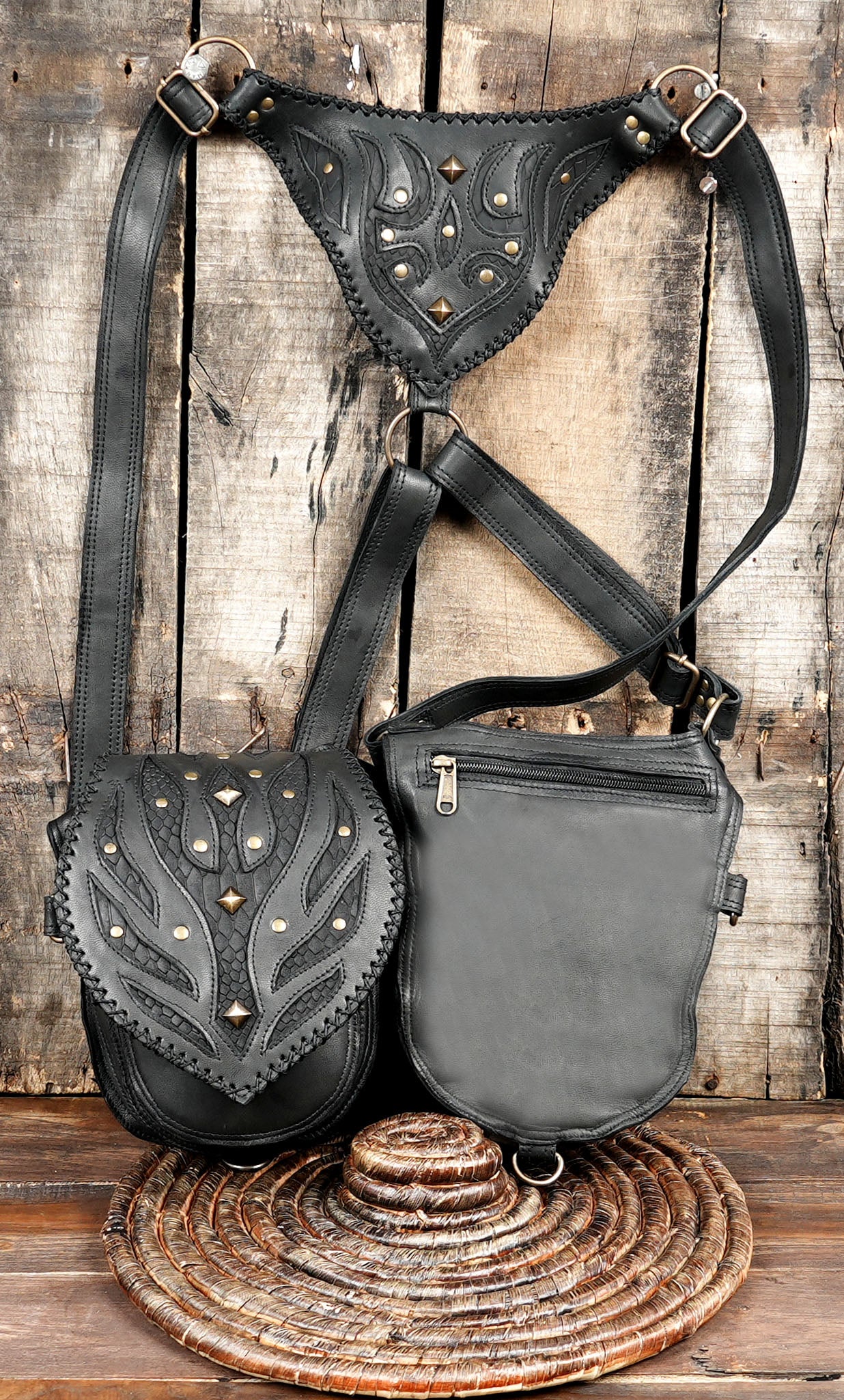 Leather Holster Bag, Festival Belt, Pocket Holster, Steampunk Accessories, Utility Holster Bag with black color 