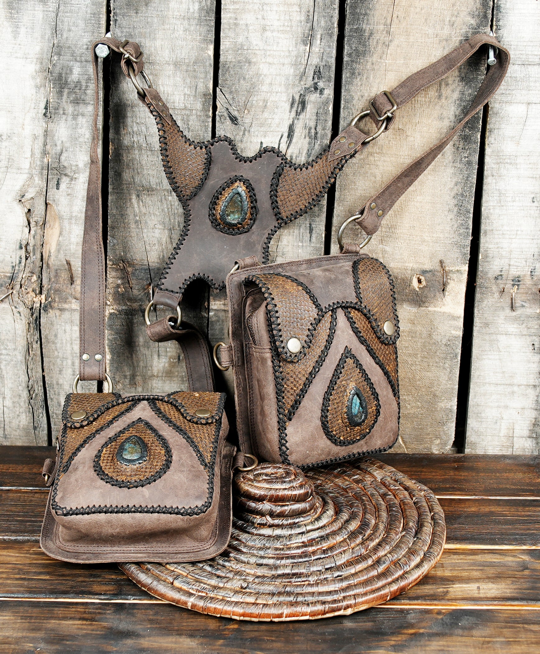 Buy Handmade Leather Shoulder Holster Bag With Real Labradorite Gemstones || Burning Man Holster  with  fit design 