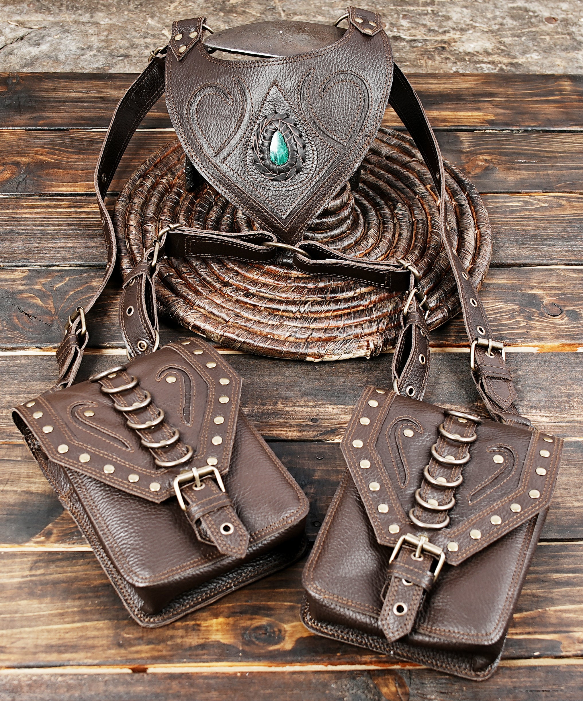 Buy Brown Leather Holster Bag, Real Leather Shoulder Bag, Leather Festival Bag, Chest Bag with gemstone and ring 