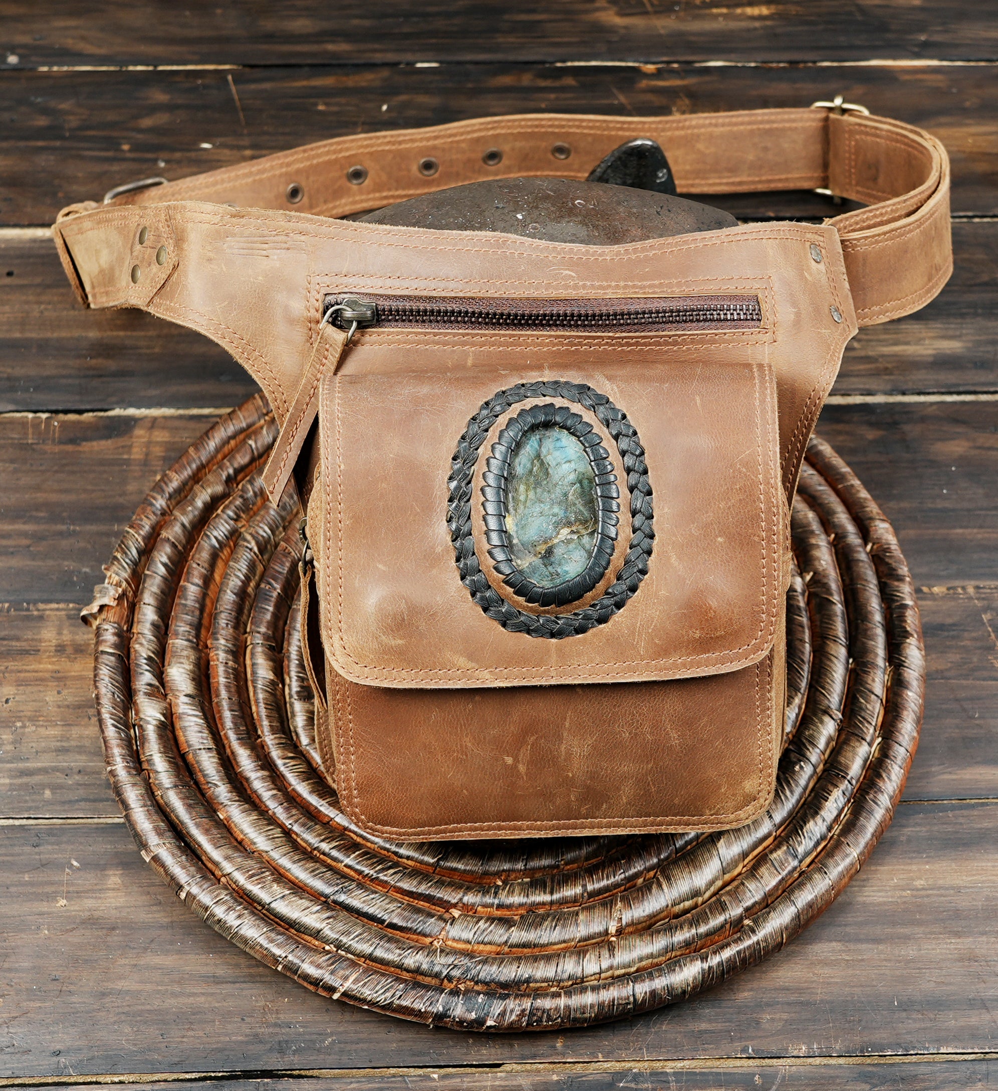  Handmade Leather Gemstone Belt Bag
