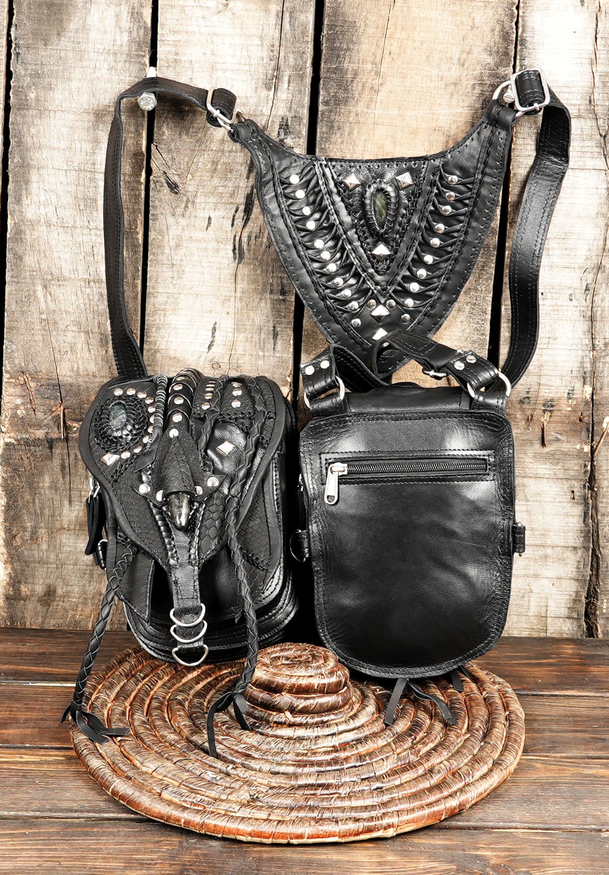 Rear view of adjustable leather dual pouch harness bag