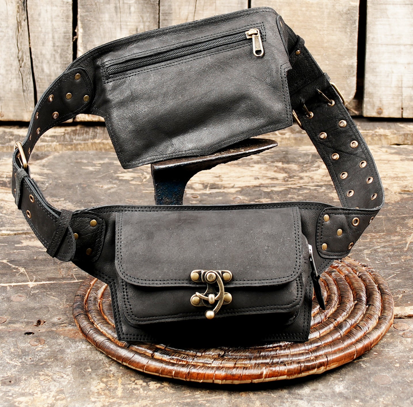 Rustic style leather belt bag with buckle closure