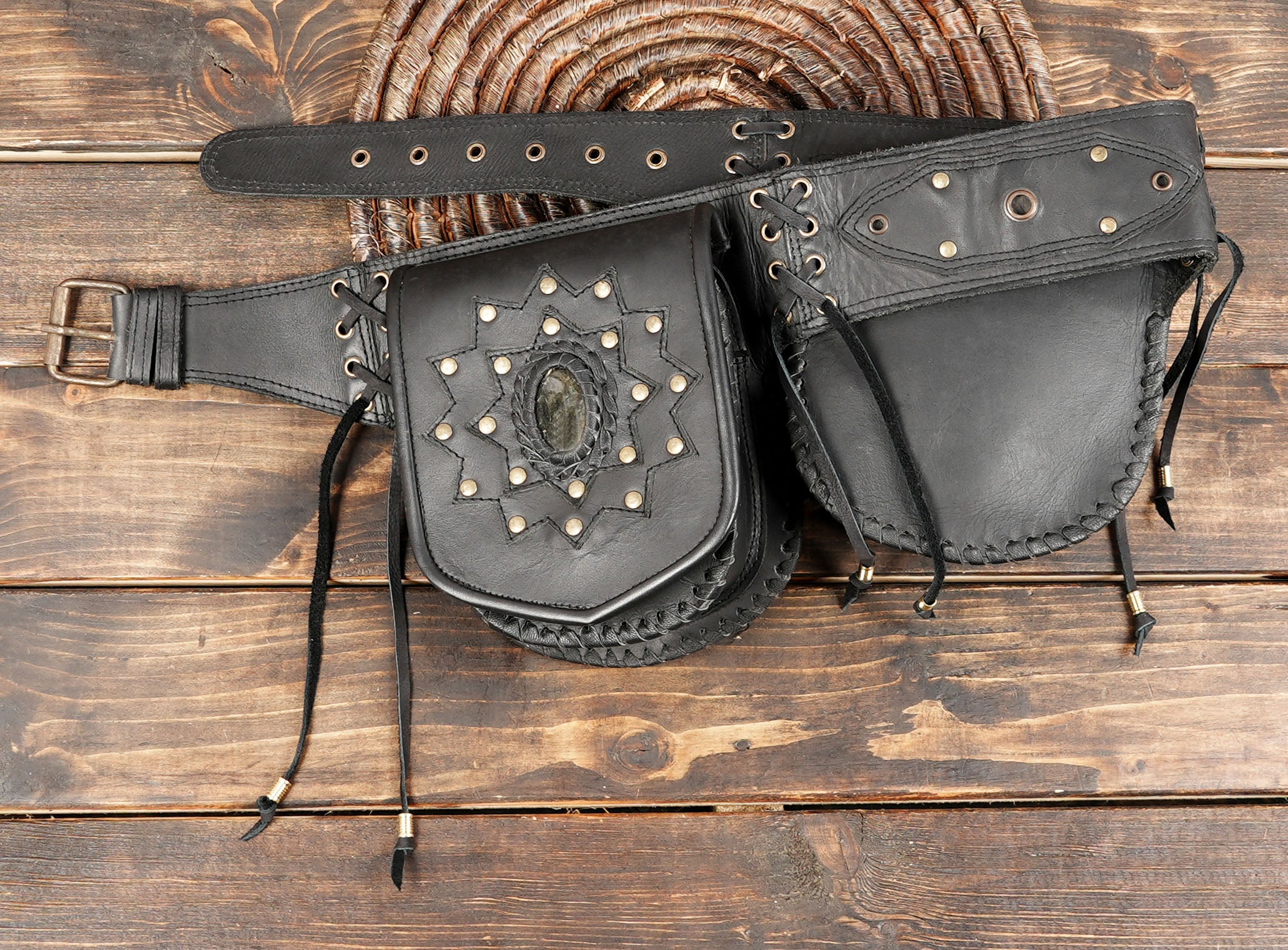 leather festival utility belt with labradorite