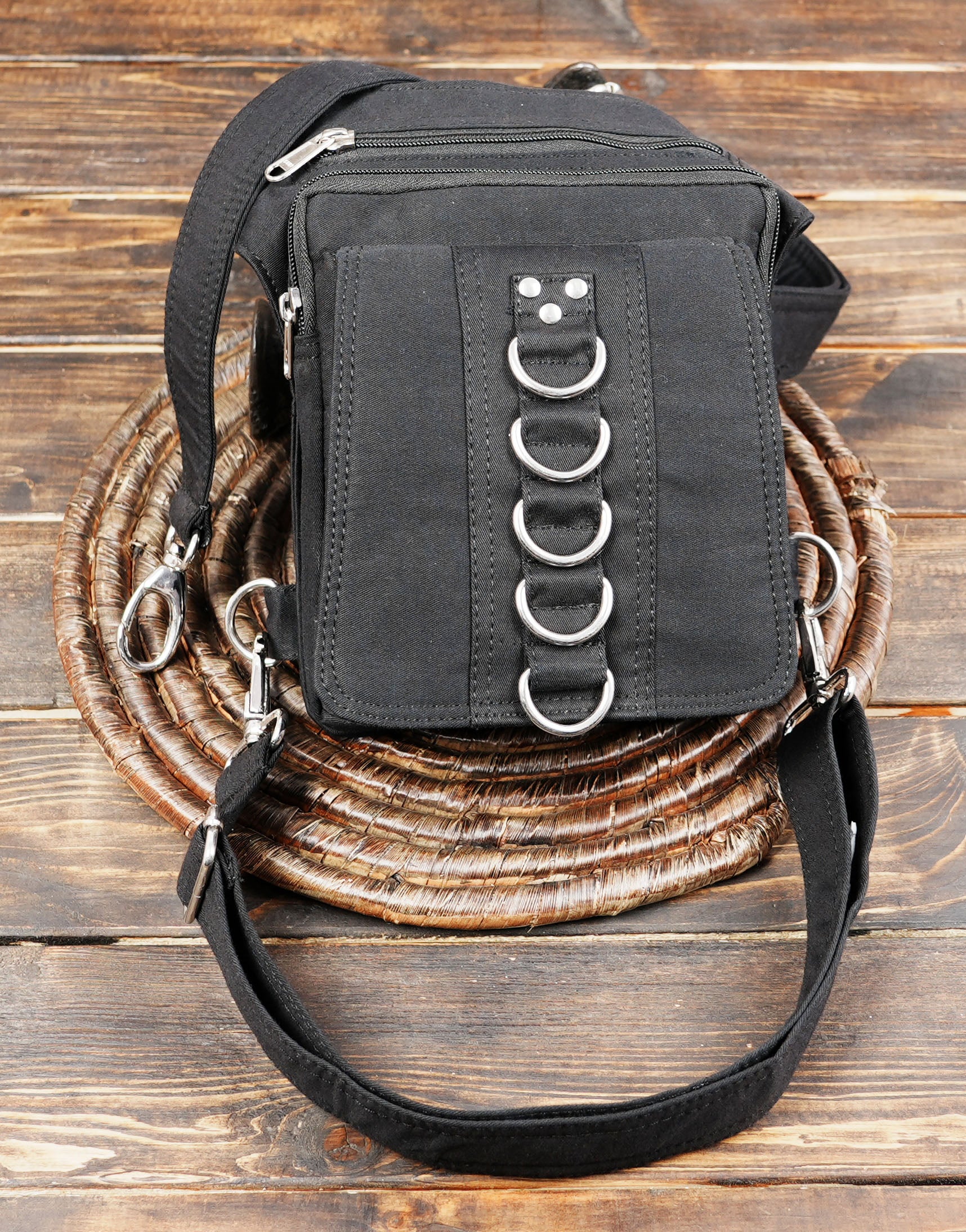 Black cotton hip and thigh belt bag with rivet and ring details