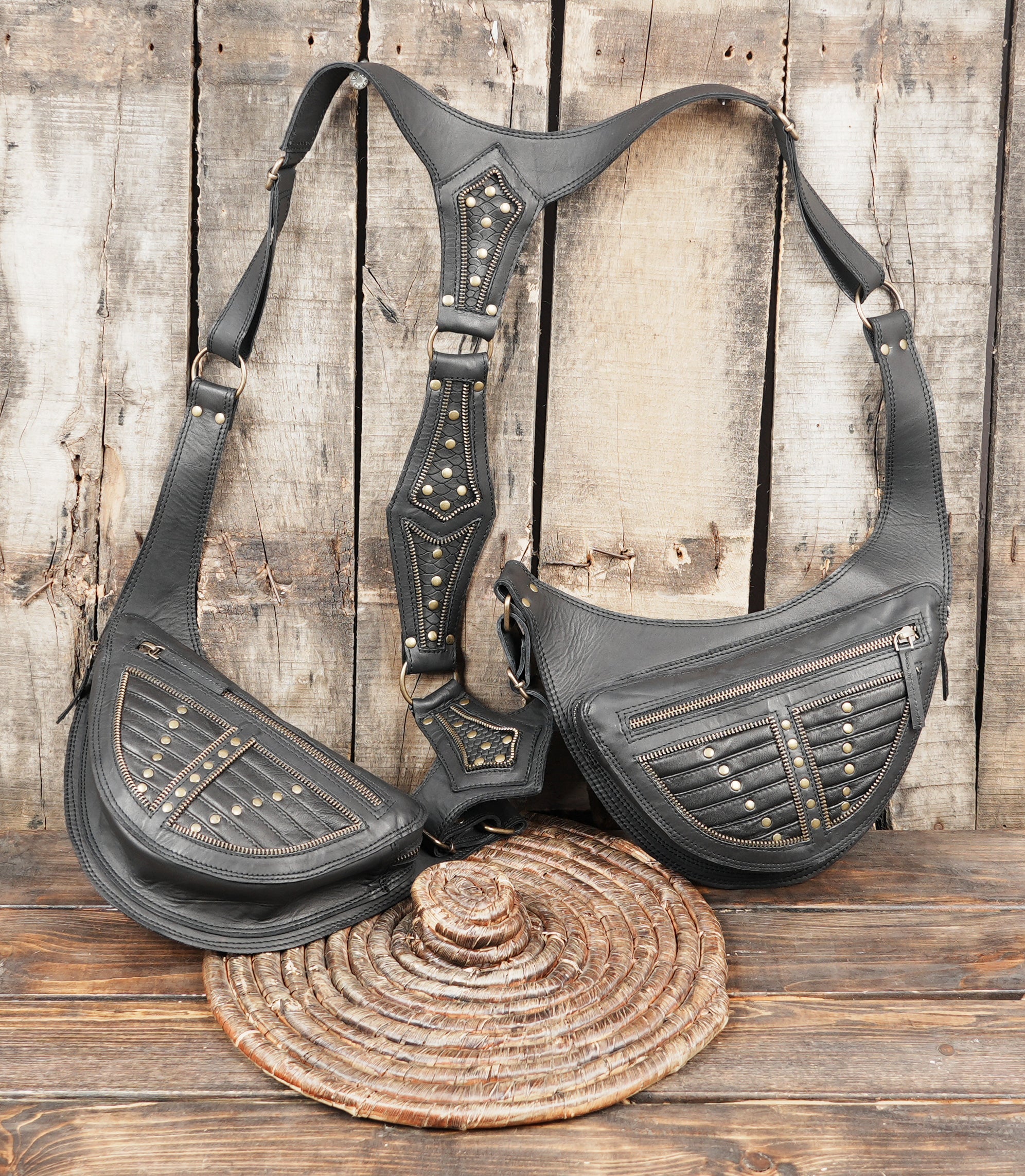 Rugged leather tactical harness with zipper pouch pockets