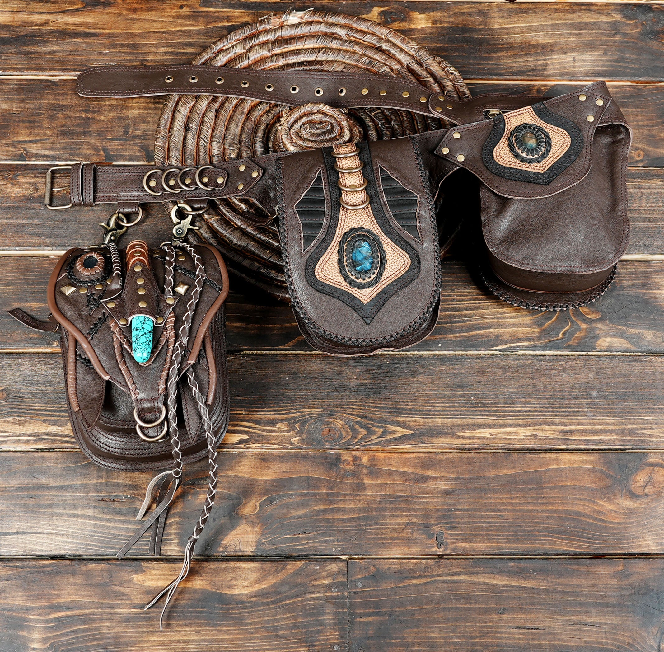 Handmade Leather Waist Pouch: Gemstone Festival Utility Belt
