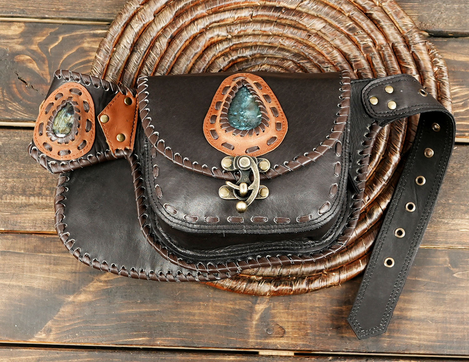 Dark brown festival waist belt with two hand-stitched leather pockets