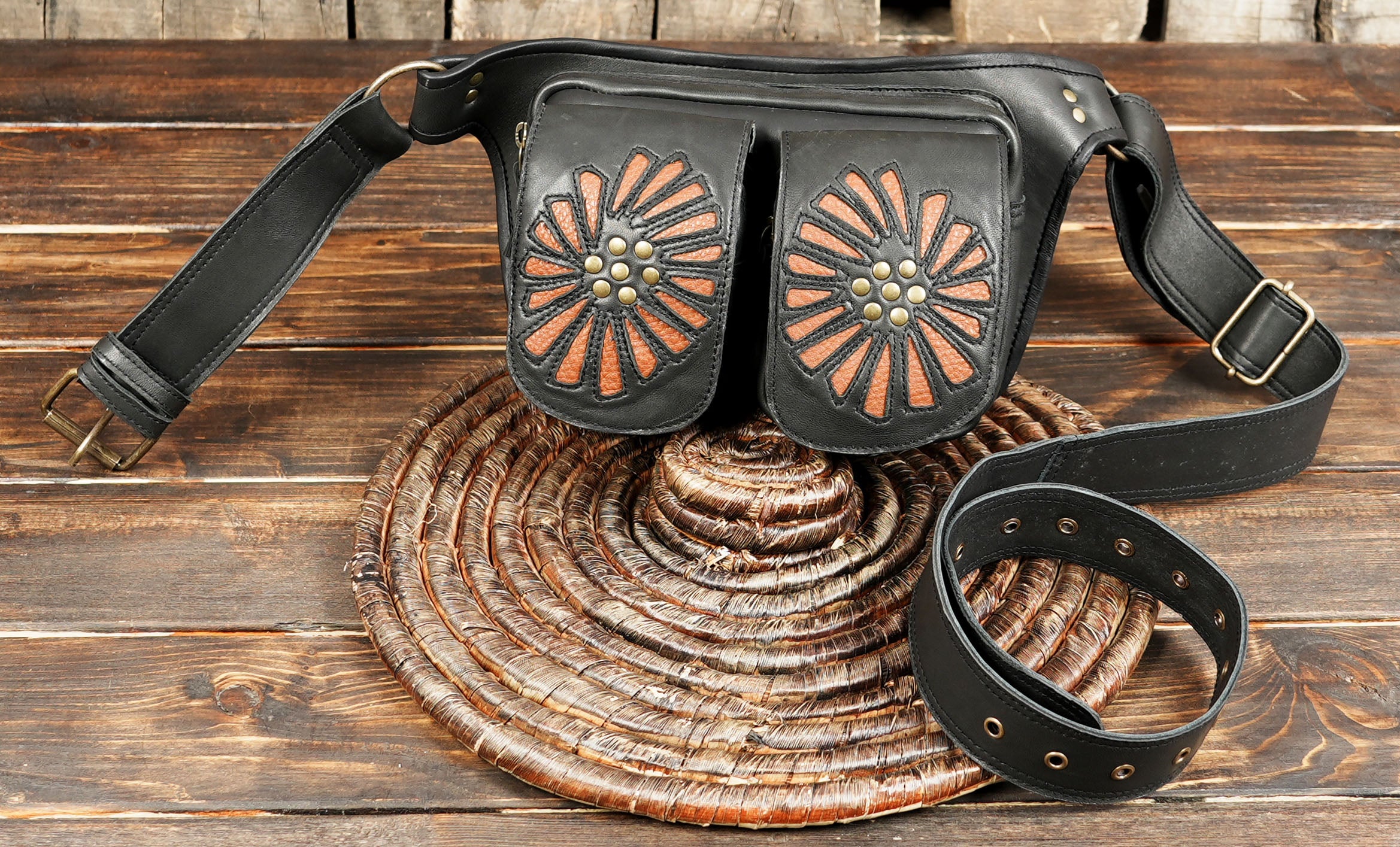 Handmade Leather Hip Bag: Festival Waist Belt Pouch with Patchwork with metal steel 