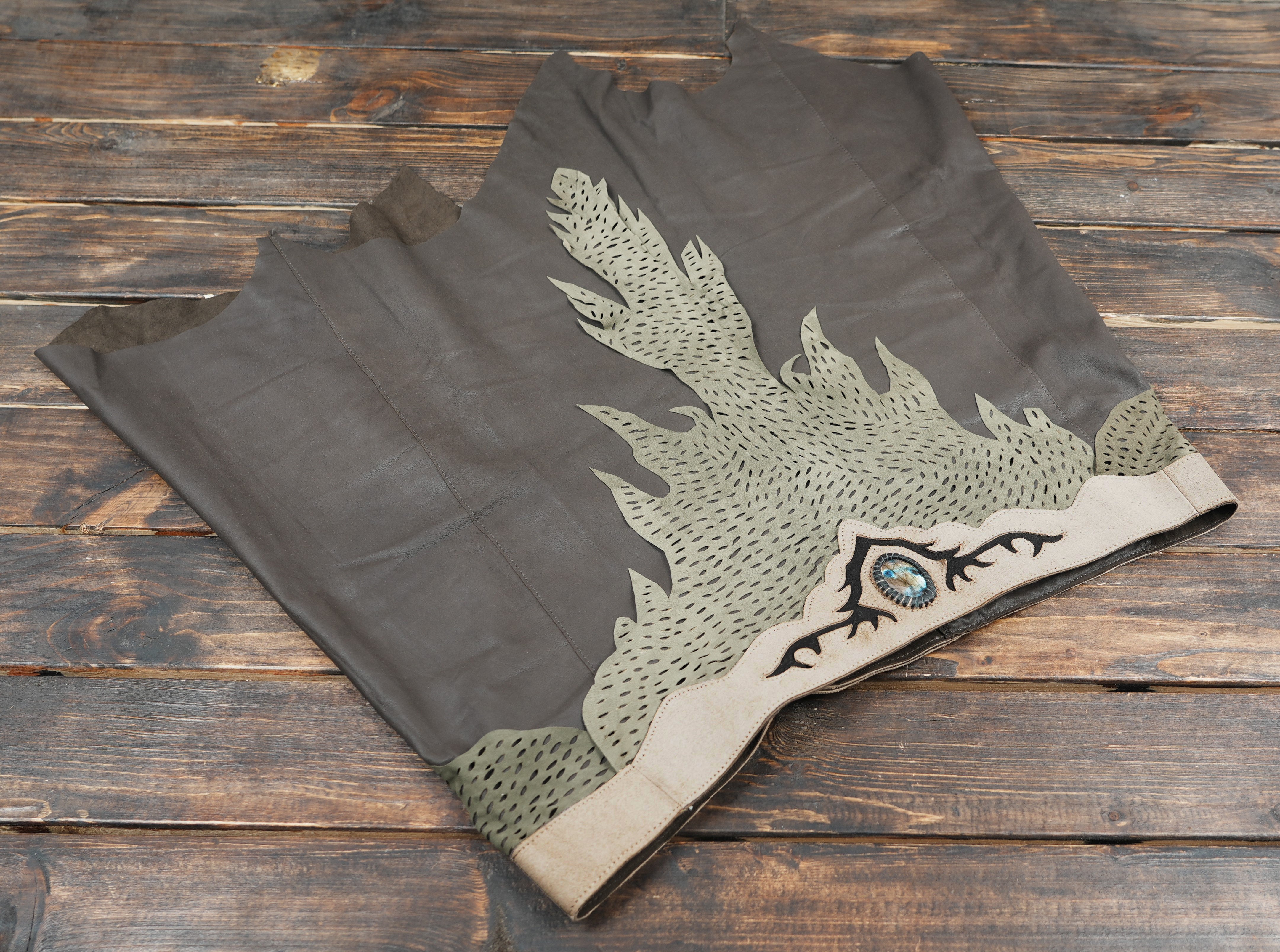 Artisan leather skirt with engraved texture
