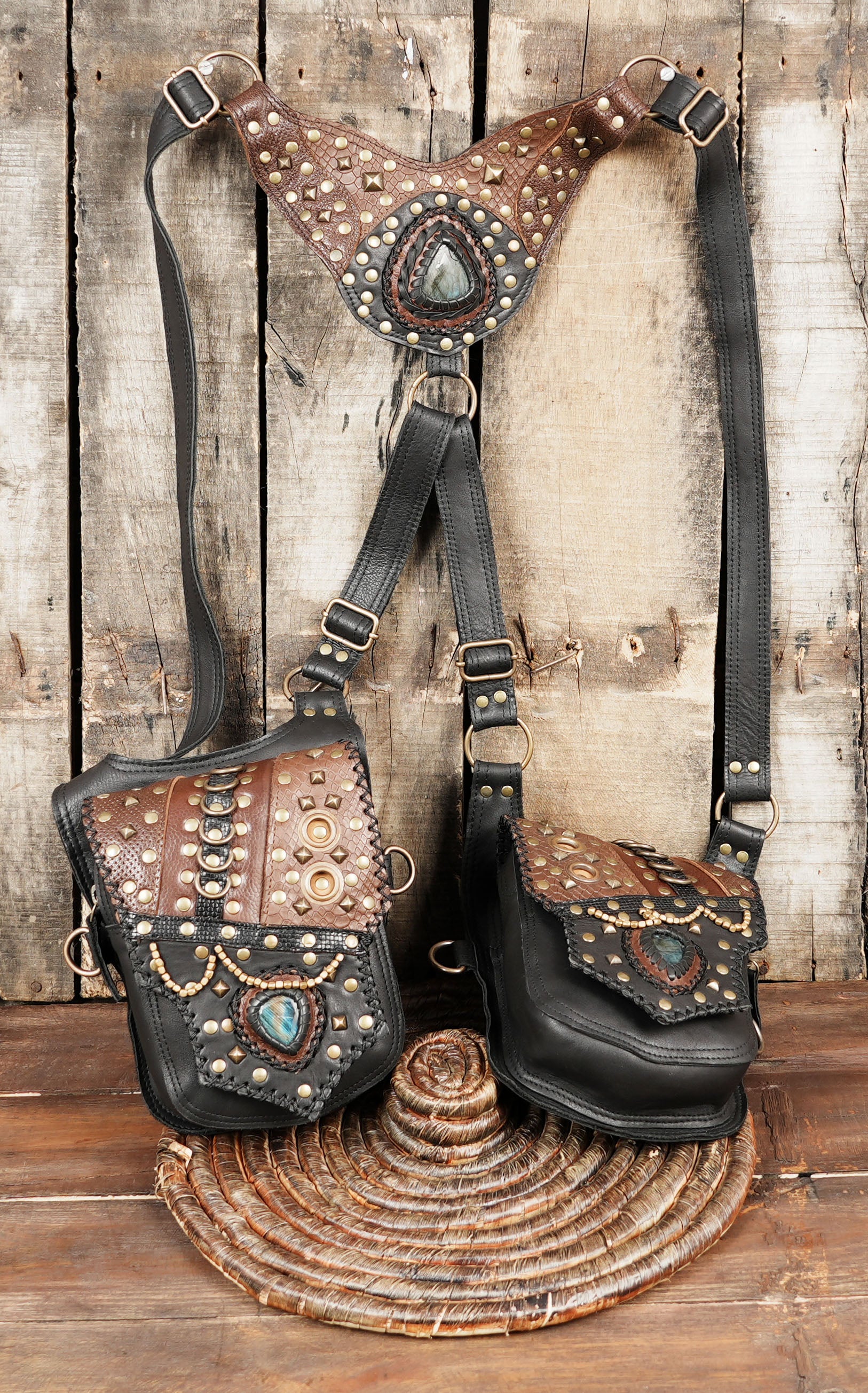 Handmade Leather Holster Belt with Dual Utility Pouches, Steampunk Festival Leather Harness Belt with Gemstone Design, Burning Man Holster