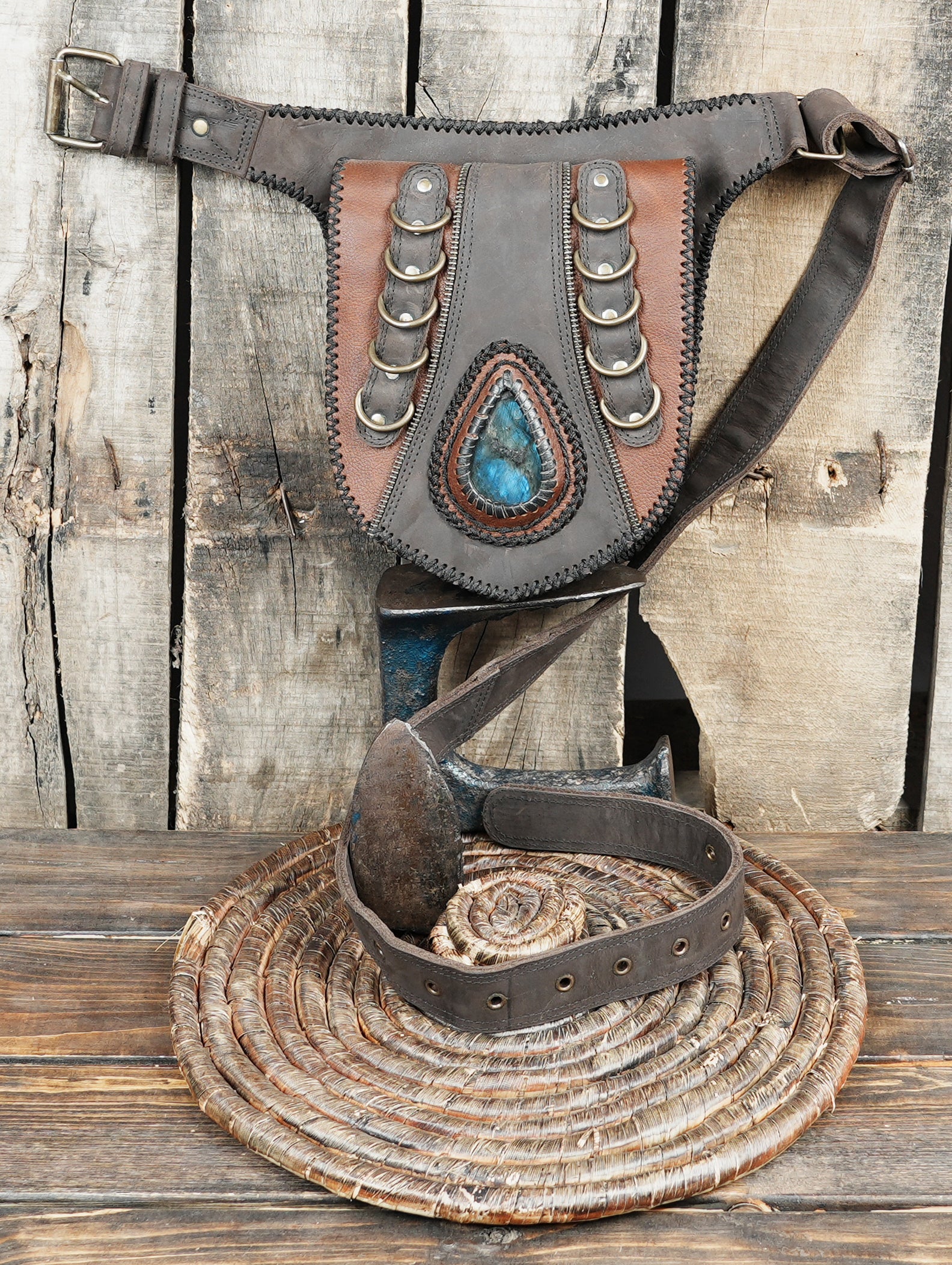 Tribal style leather belt bag with teardrop gemstone centerpiece
