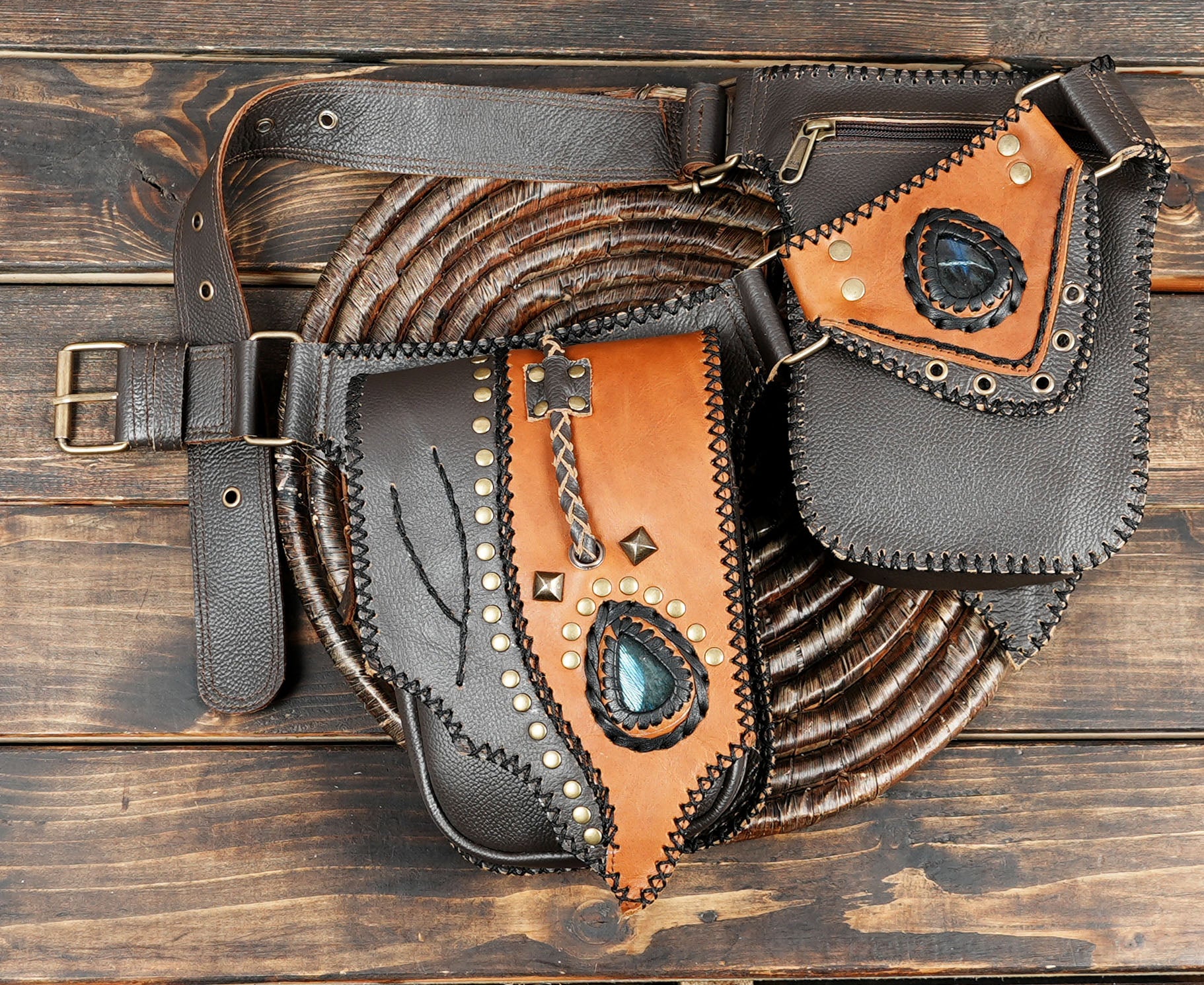 Leather Utility Belt: Festival Waist Pouch - Brown & Black with unique gemstone 