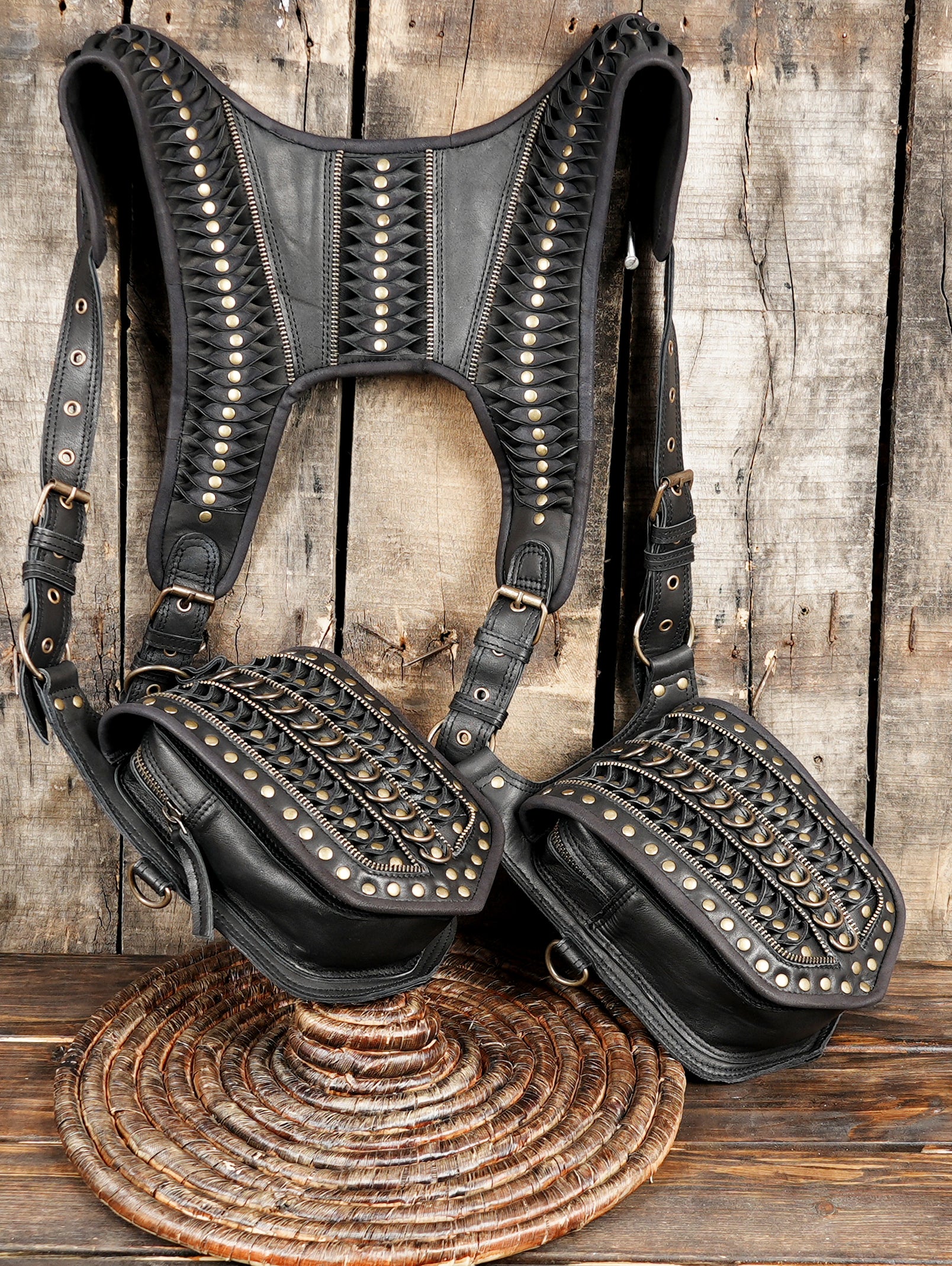 Black leather dual pouch chest rig for travel and events and biker holster 