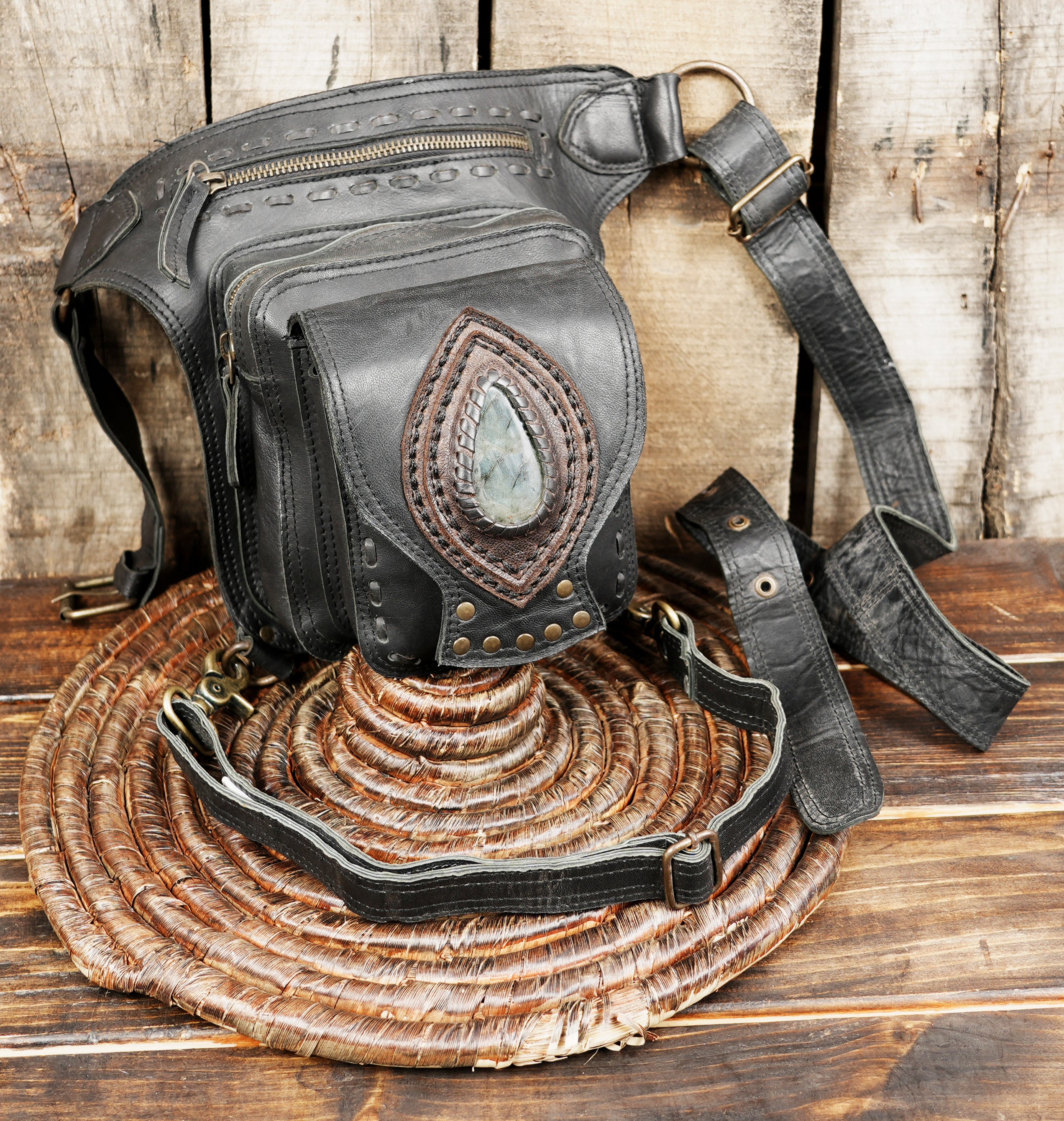 Leather Belt Pouch With Stones