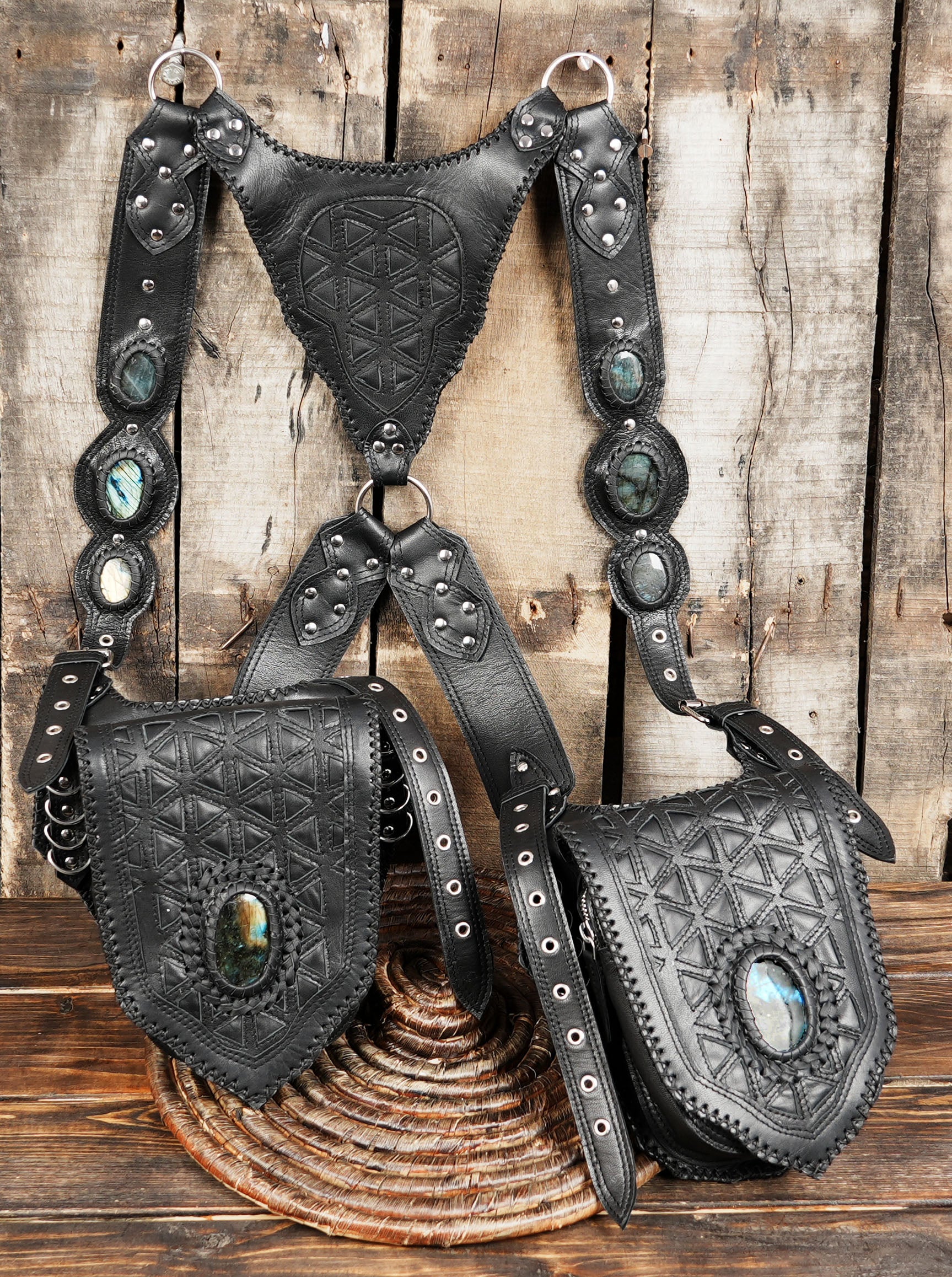 Handmade leather utility belt with holster-style storage pockets