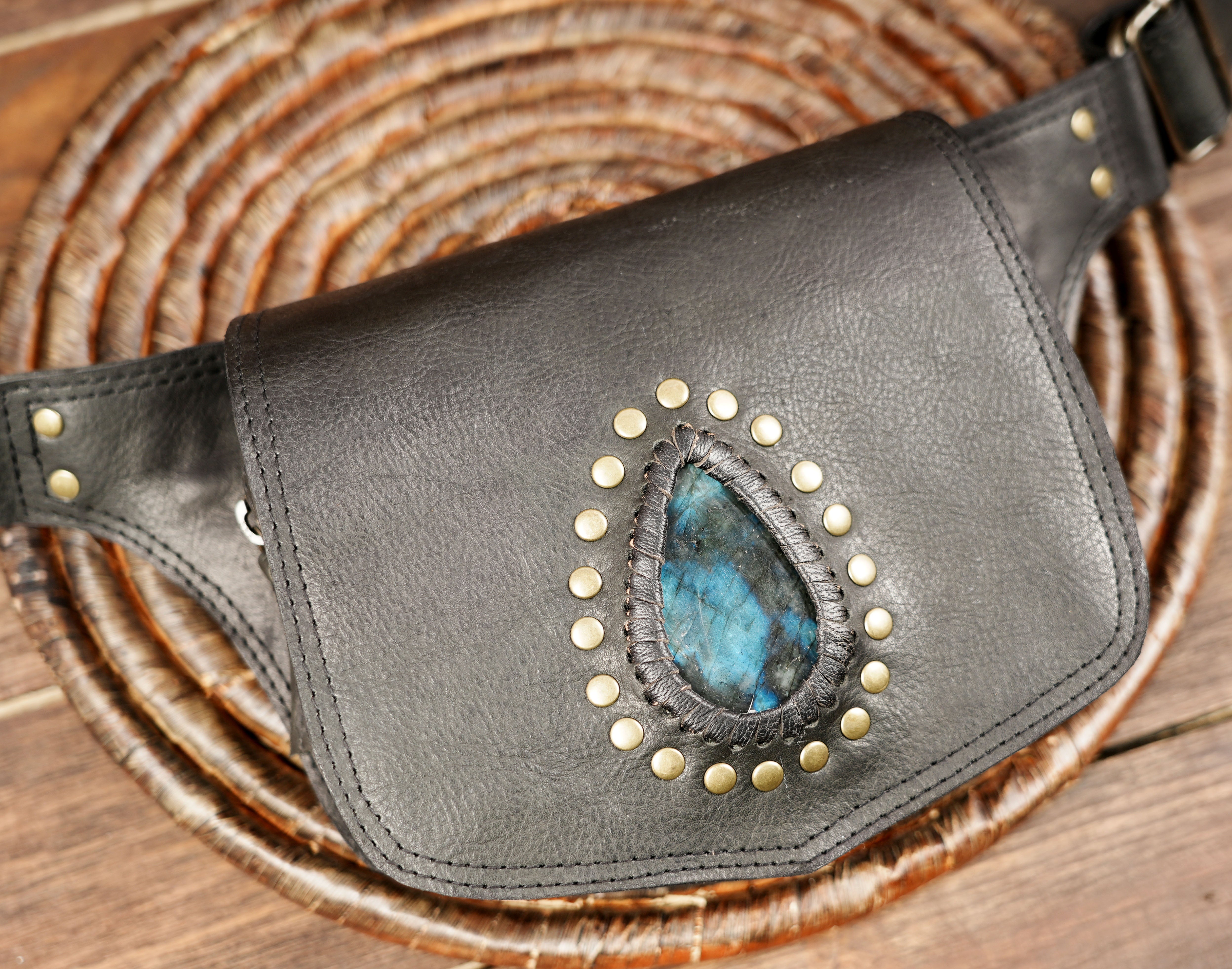 Handmade Leather Festival Belt Bag: Steampunk Cosplay Utility Pouch with gemstone 