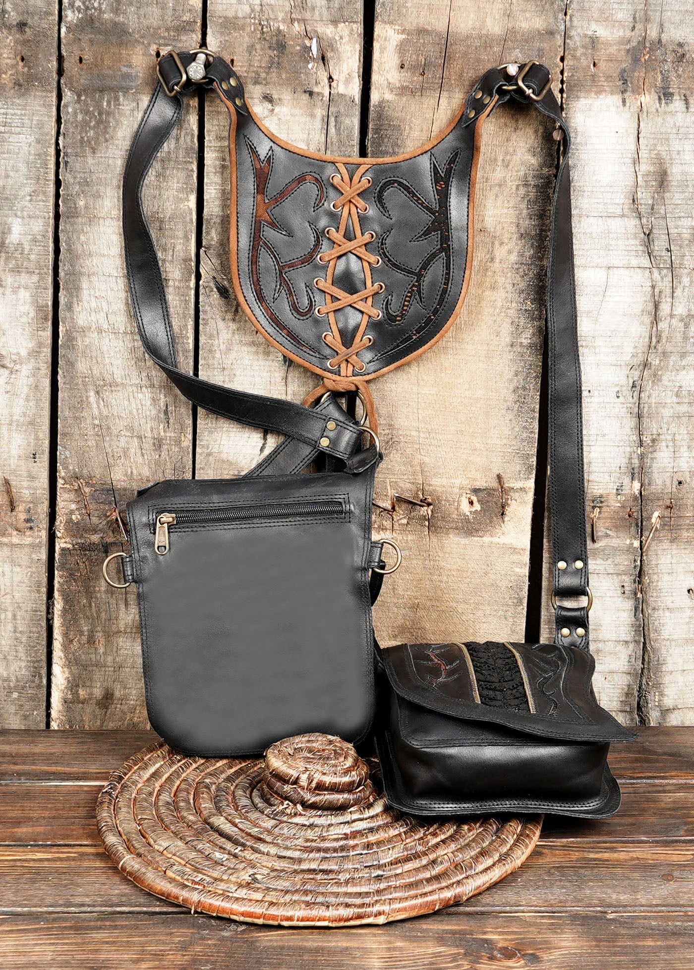 genuine black leather, it features two spacious pouches for carrying essentials like a phone, wallet, or keys, while keeping your hands completely free.