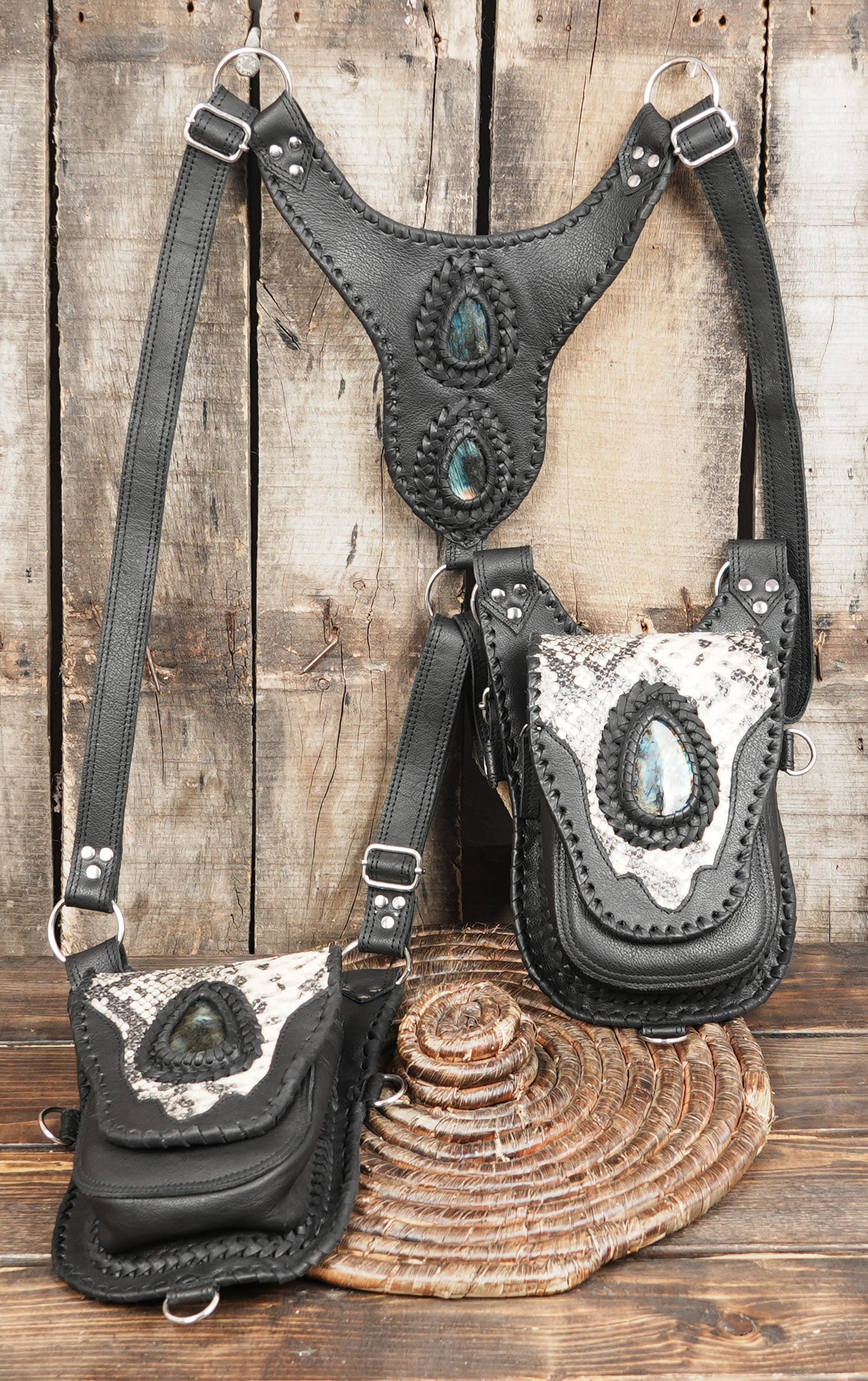 cosplay leather holster with hand-stitched reptile finish