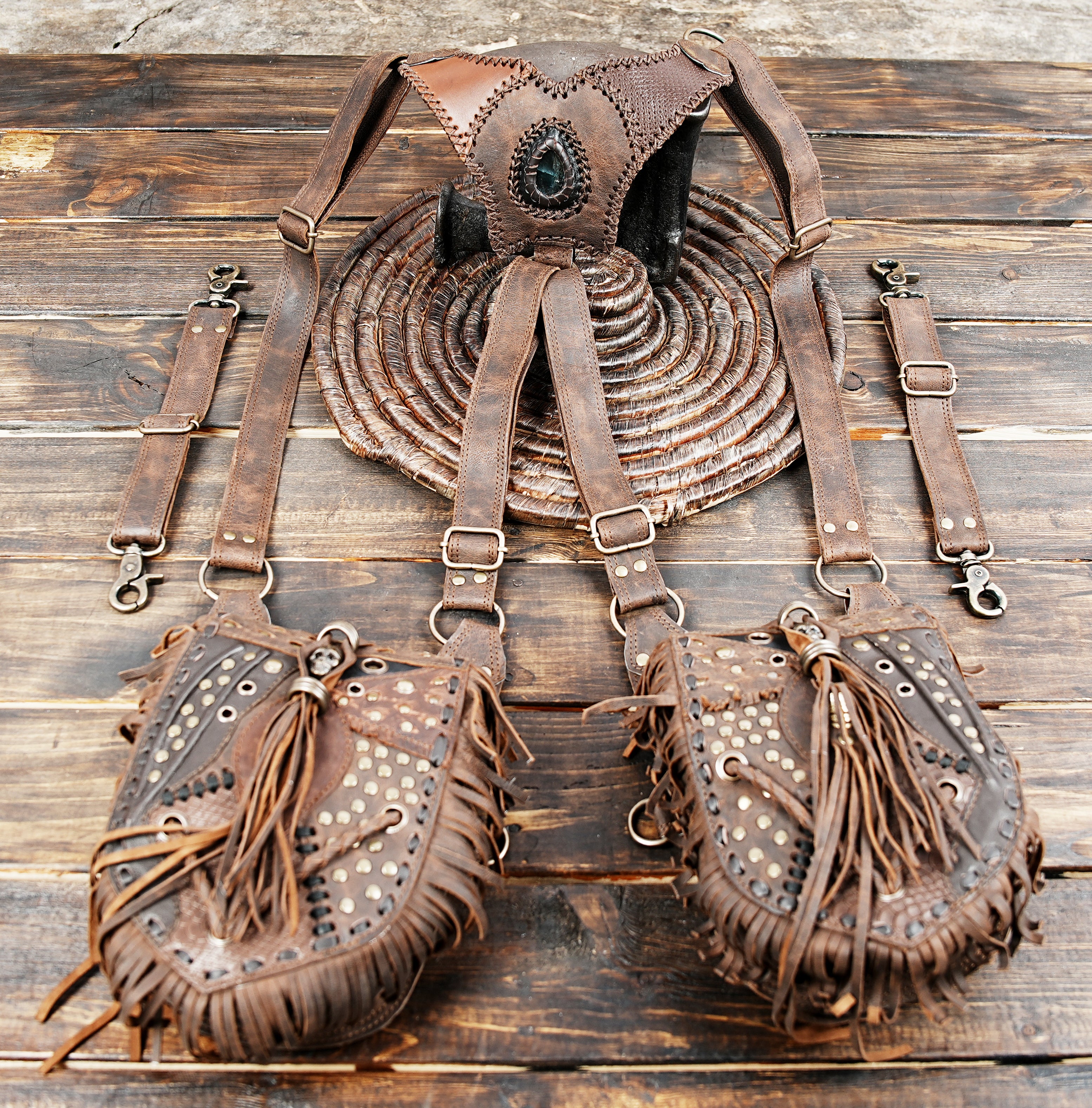 Handmade Leather Double Holster Bag with Adjustable Straps Festival Utility Holster Harness Steampunk / Boho Leather Bag with labradorite