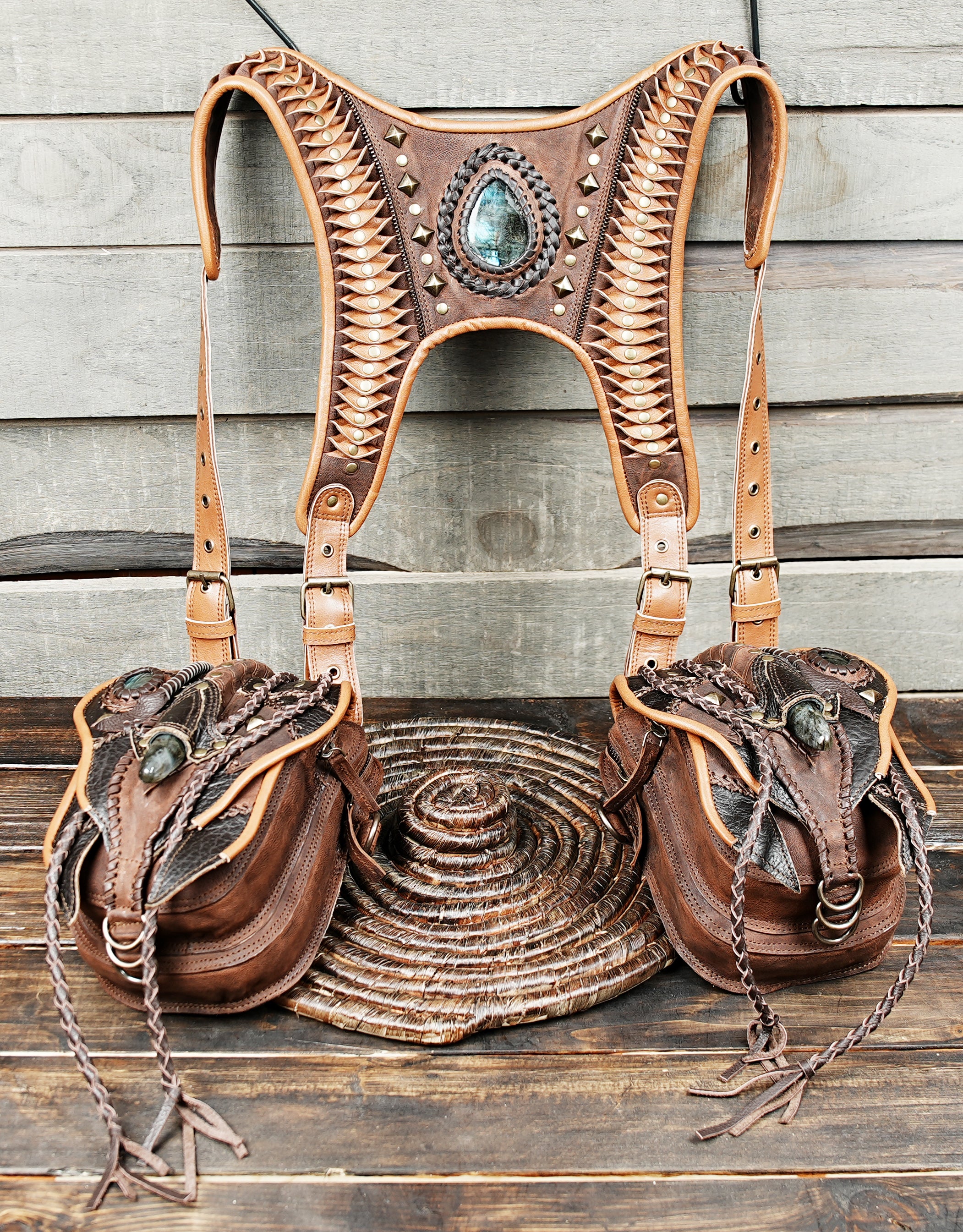 functional and decorative harness holster bag with twin storage pouches