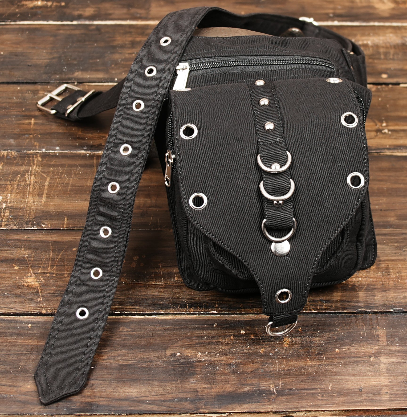 Gothic cotton waist pouch with metal hardware