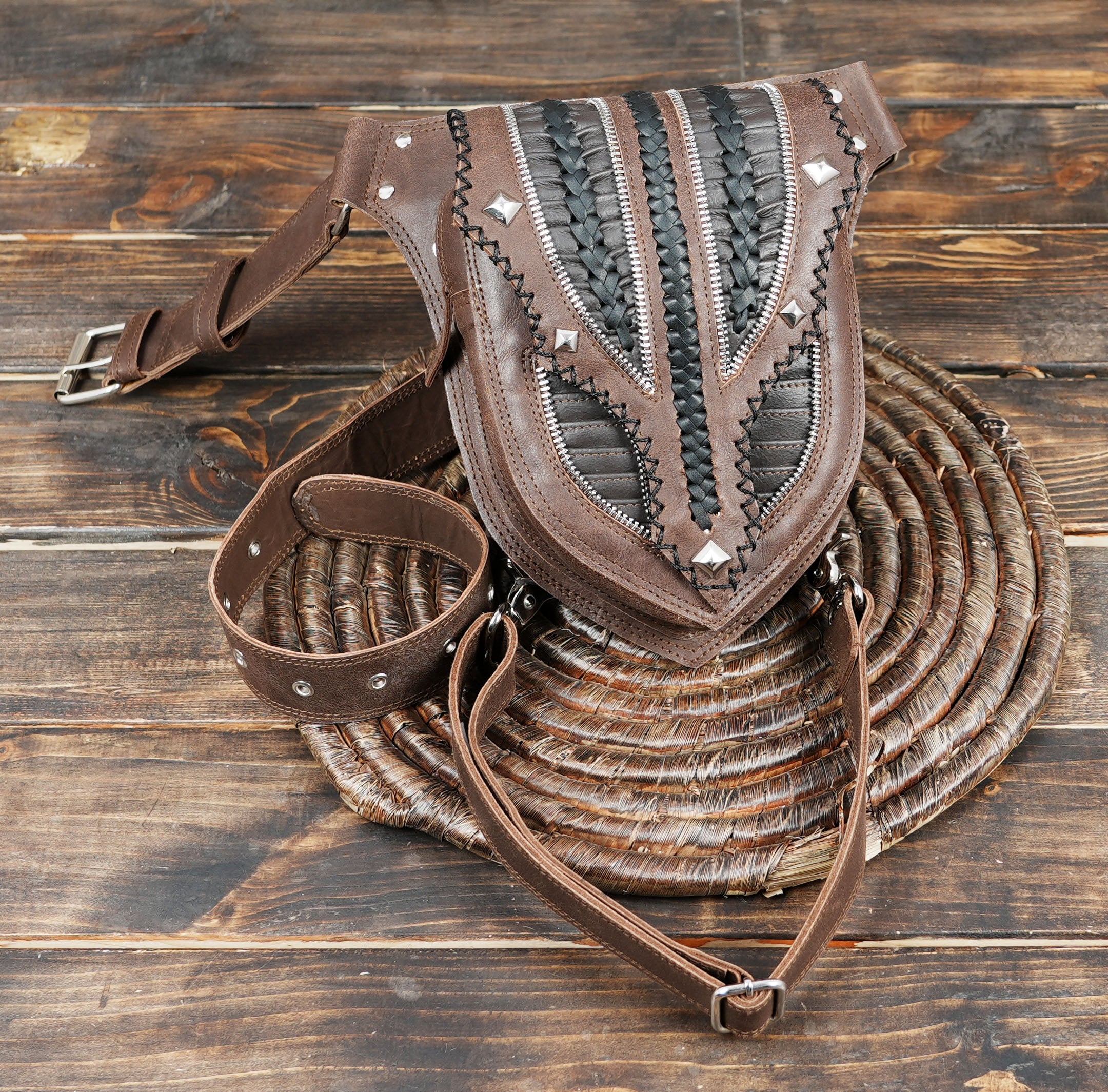 Brown artisan waist thigh with leg strap for hands-free use.