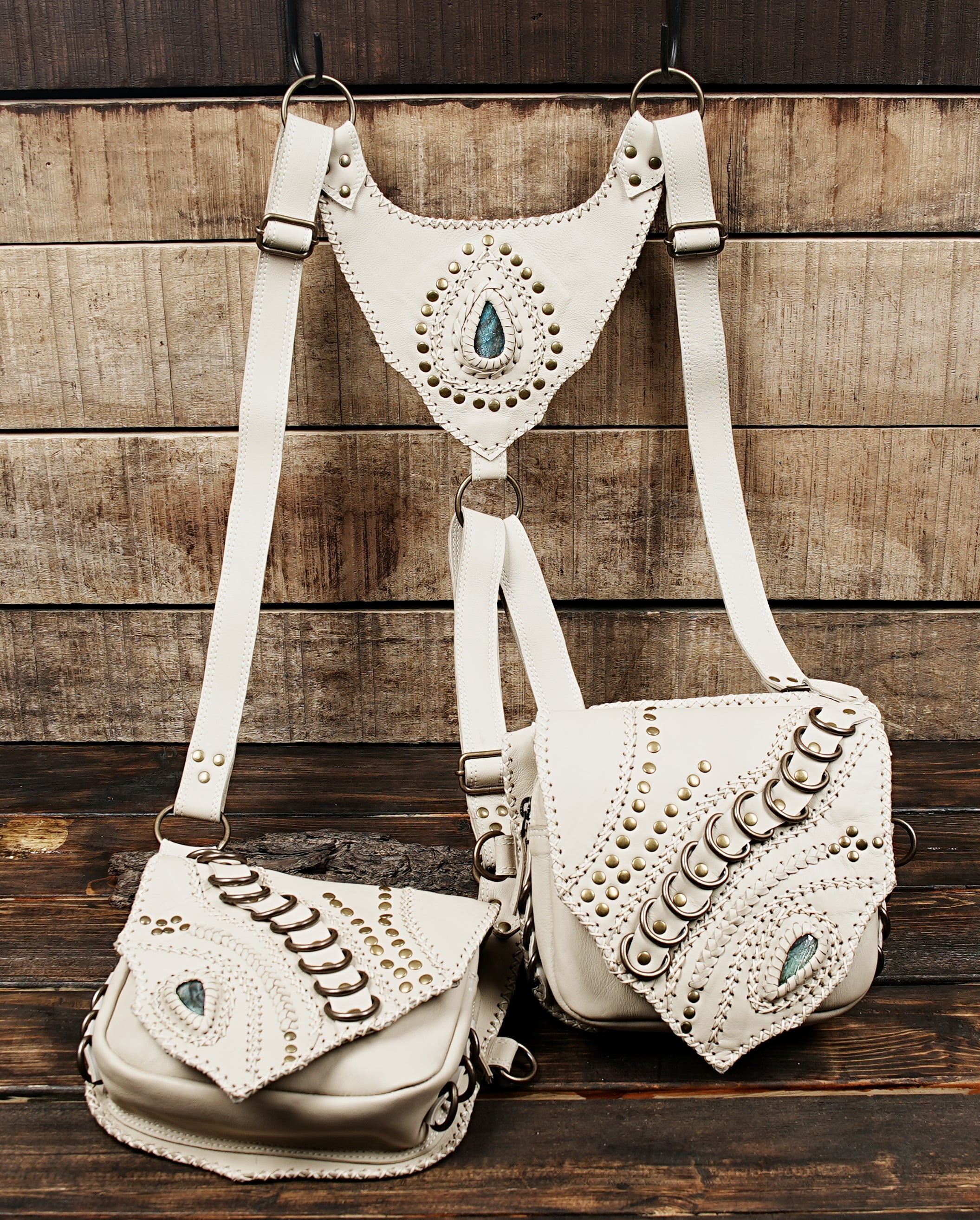 Unisex white leather holster utility bag with adjustable straps