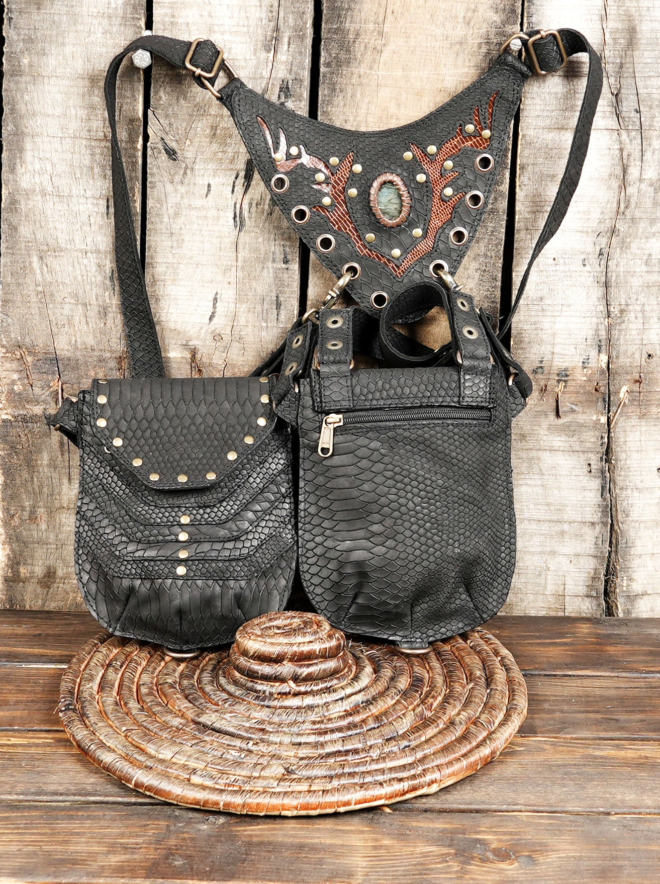  Black Leather Holster Bag Book Holster Bag Festival Bag Travel Bag Burning Man Bag Shoulder Bag Harness Bag Double Holsters Bag with adjustable size 