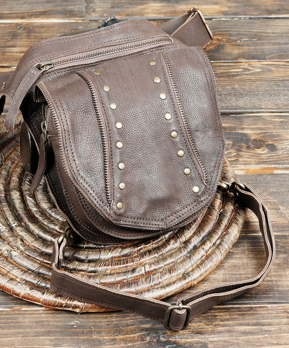 Steampunk thigh belt bag with brass stud detailing