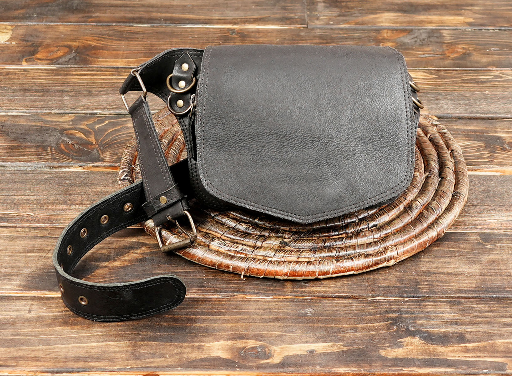 Handmade leather hip pouch bag with rivet accents