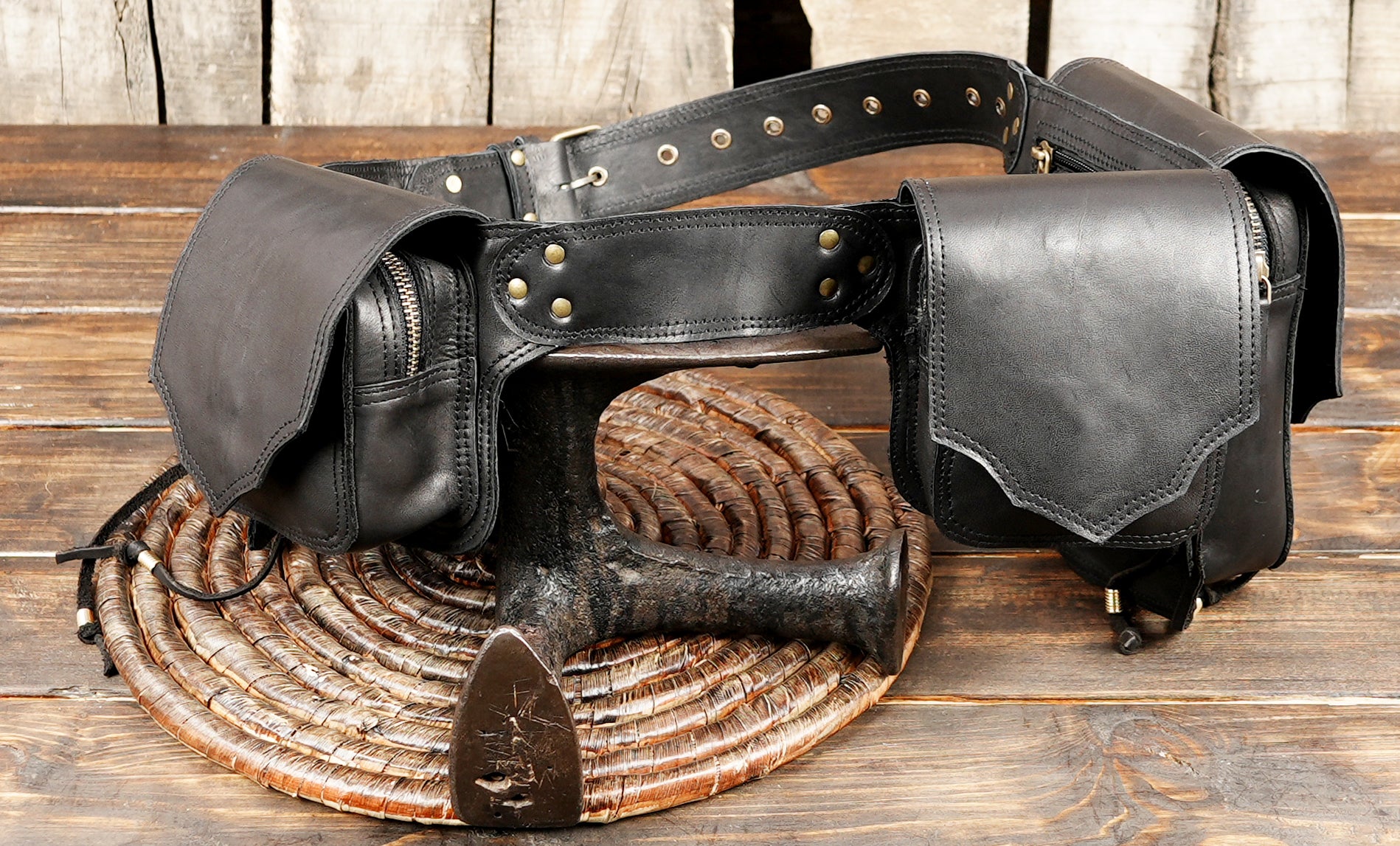 Black leather artisan belt with labradorite stone detail