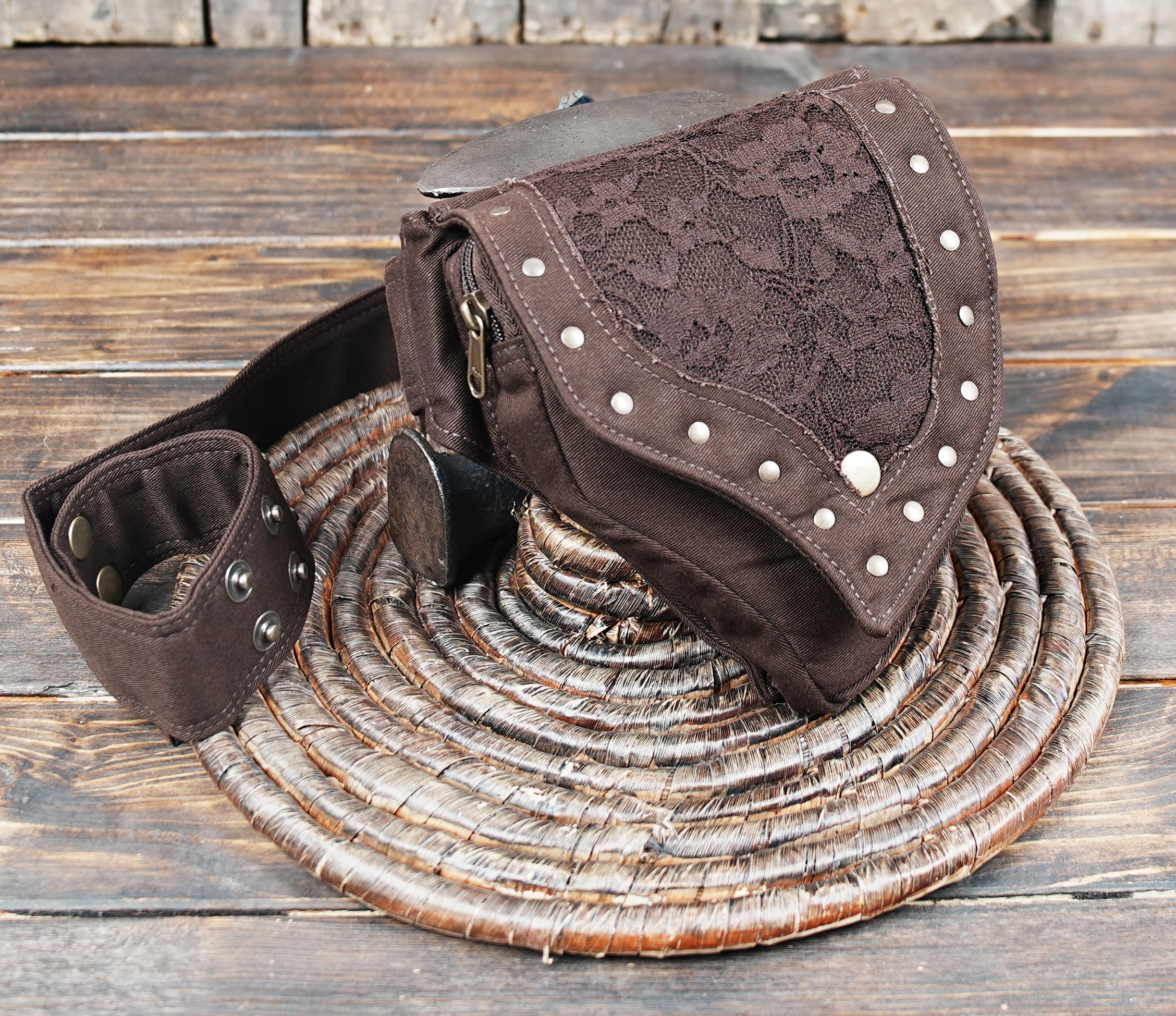 Fashionable lace and studded utility belt bag