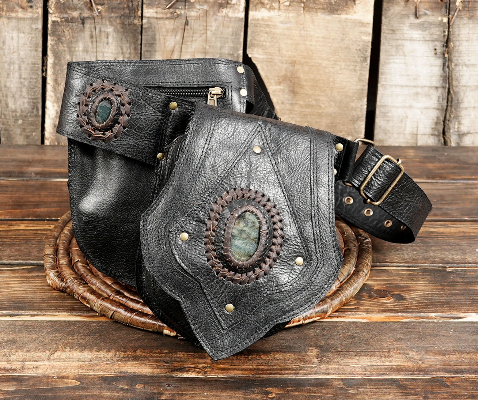 Brown Tribal Leather Waist Belt with labradorite gemstone – Gothic Boho Hip Bag with Stone Accents  (LT-AB-WB-6080)